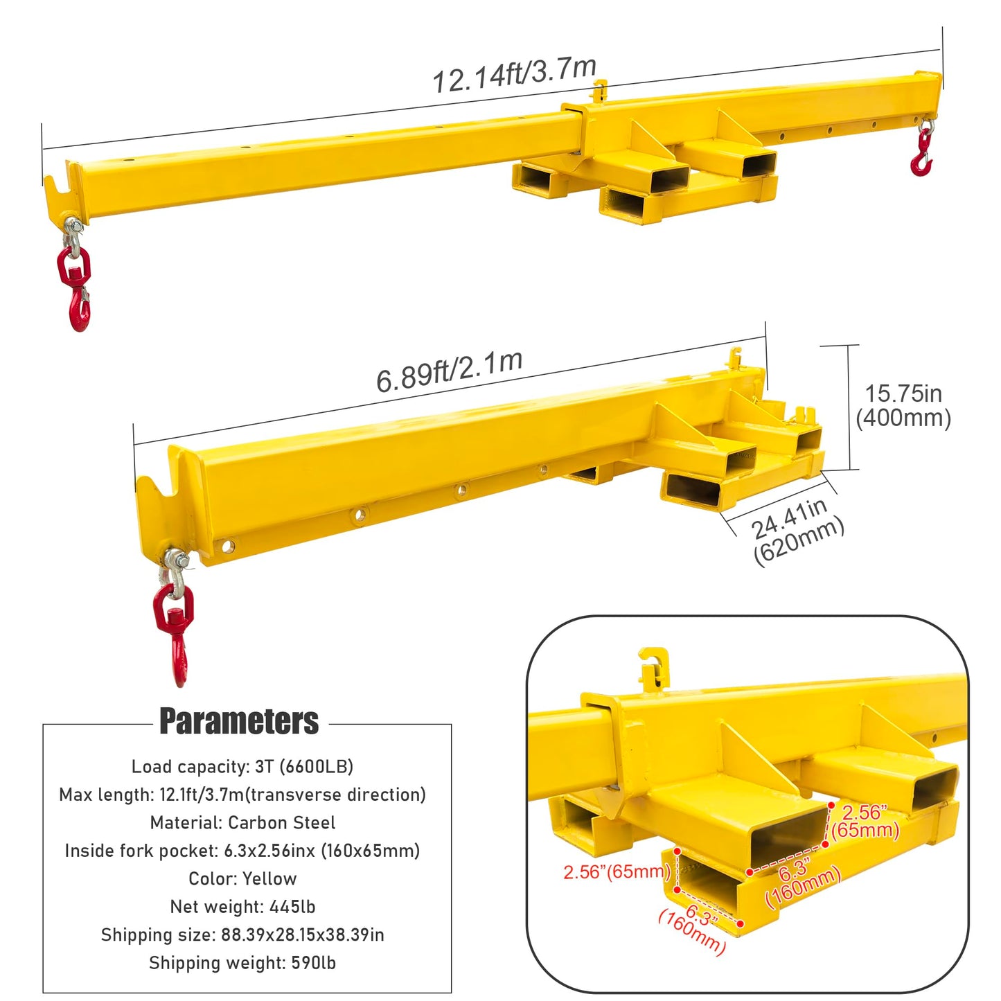 INTSUPERMAI Forklift Mobile Crane 6600lbs/3 Ton Capacity Adjustable Forklift Jib Boom Crane with Horizontally & Vertically Dual Directions Use Telescopic Arm with Truss Hoist Jib Boom and Hooks