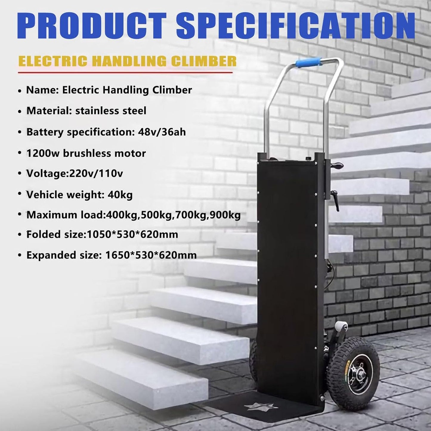 1200W Electric Stair Climber, Folding Sack Truck, Hand Truck Stair Climber, Electric Stair Climber Cart with Removable, for Straight & Curved Stairs