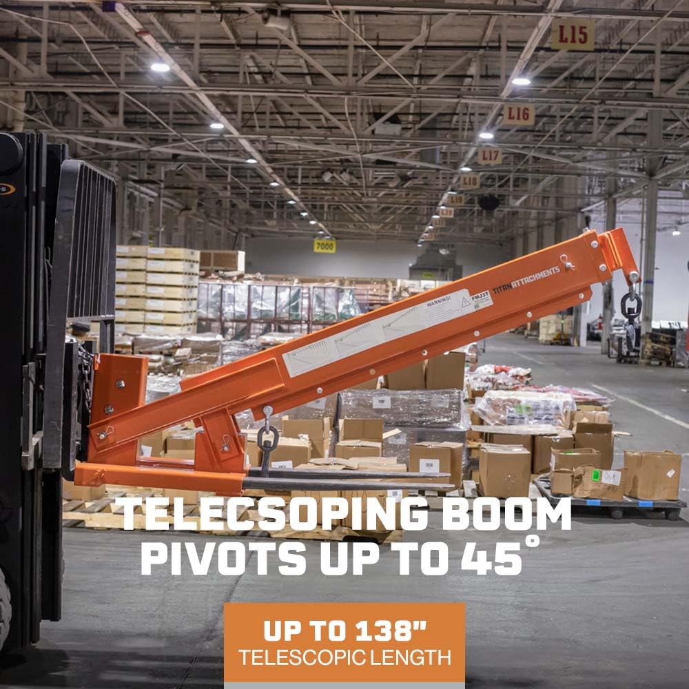 Titan Attachments Fork Mounted Jib Boom Crane Attachment, Manual Telescoping Boom Extends Up to 138”, Pivots Up to 45 Degrees, 6,000 LB Lift Capacity, Two Swivel Hooks, Adjustable Hook Points