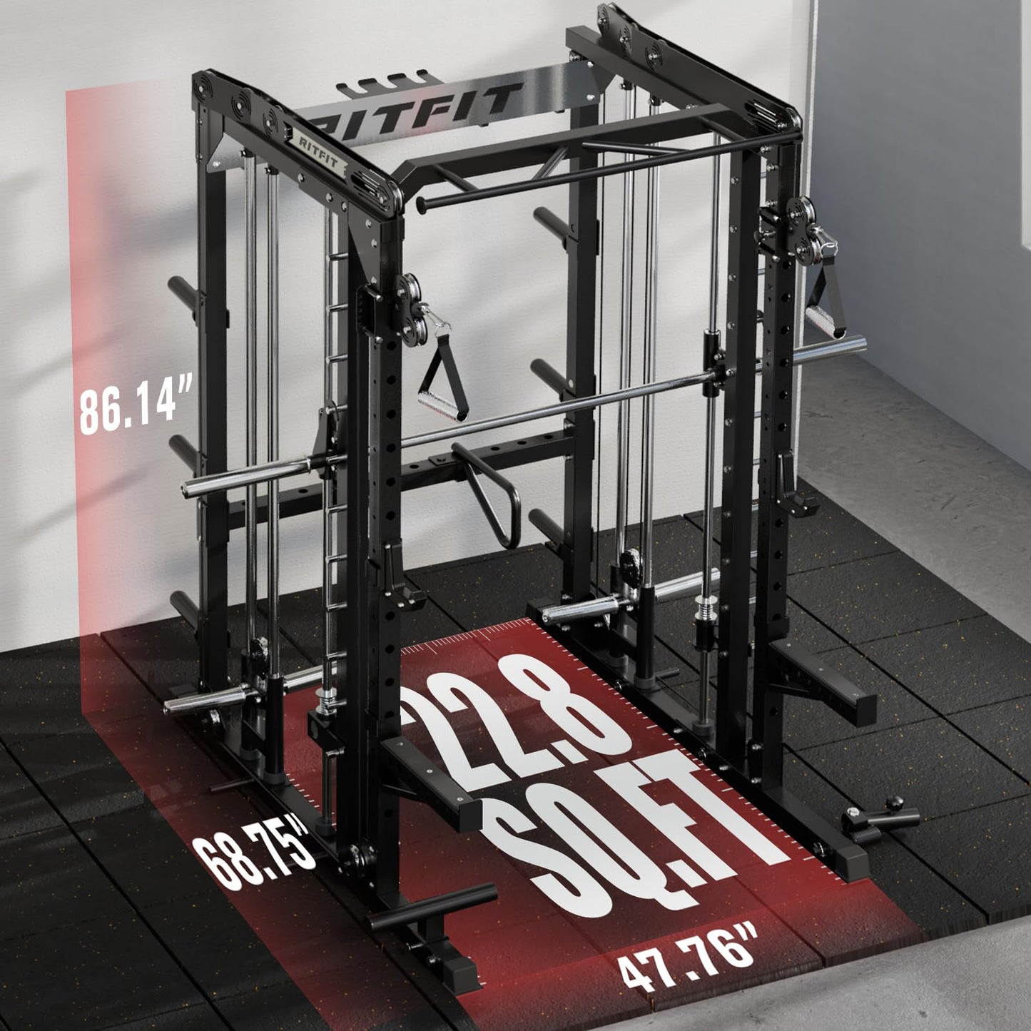 RitFit M2 Smith Machine with with Cable Crossover System, 3D Functional Trainer & Power Cage, 16 Adjustment Holes, 6 Storage Pegs for Full-Body Home Gym(M2 Basic-Black)