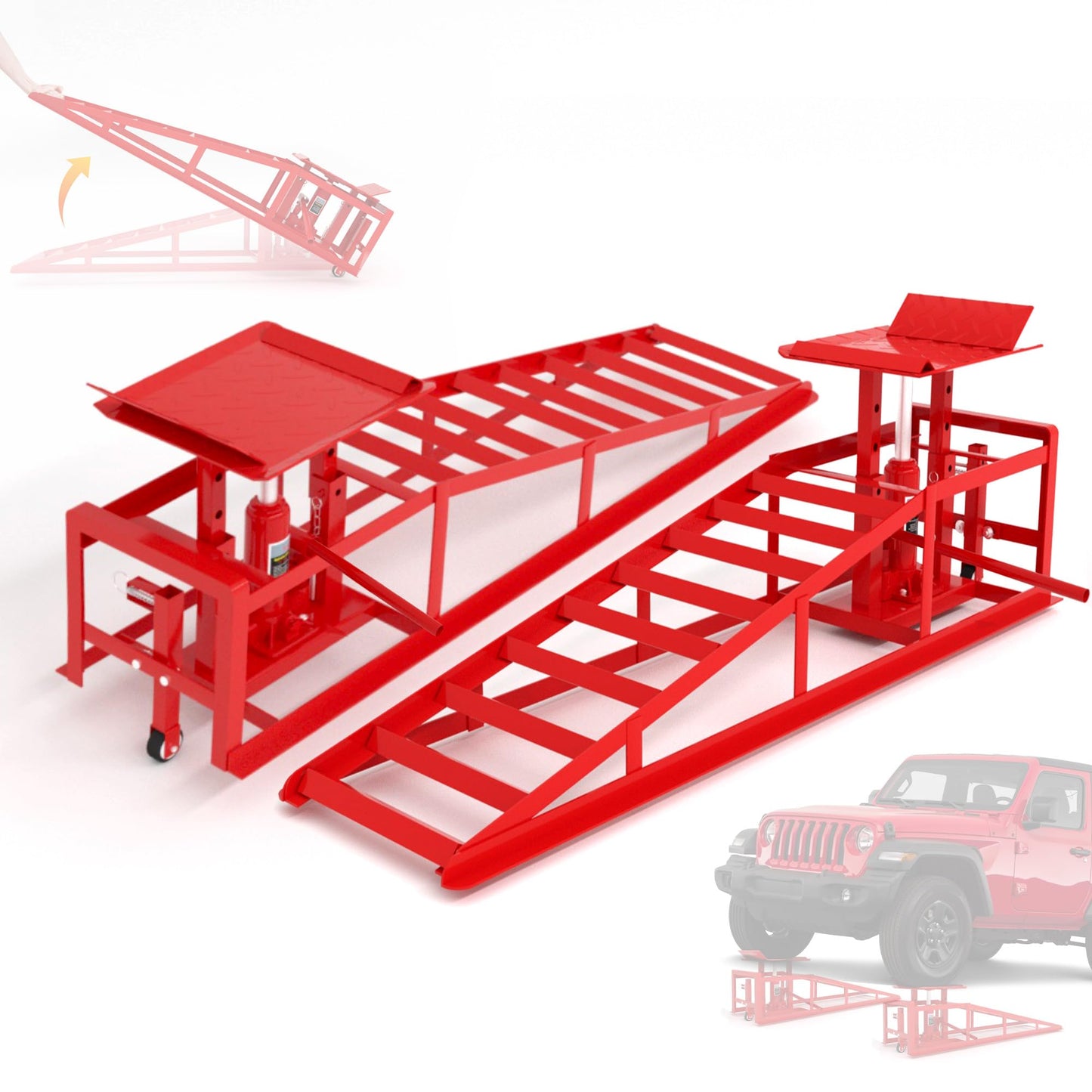 LOCKIETTA 2 PCS Hydraulic Car Ramps with Wheels, 11065LBS 5T Heavy Duty Car Ramp with Hydraulic Jack, Portable Car Lifts for Oil Changes for Home Garage, 9"-14.2" Lifts, Red