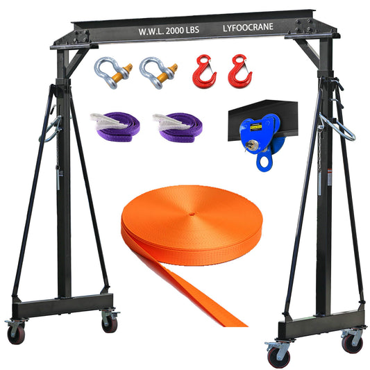 Gantry Crane 2000 lbs, Height Adjustable 7.65~10.91 ft, Economy Garage Overhead Crane 1 Ton with Manual Trolley, 328 ft Polyester Straps, Shackles, and Lifting Slings (2000 lbs)