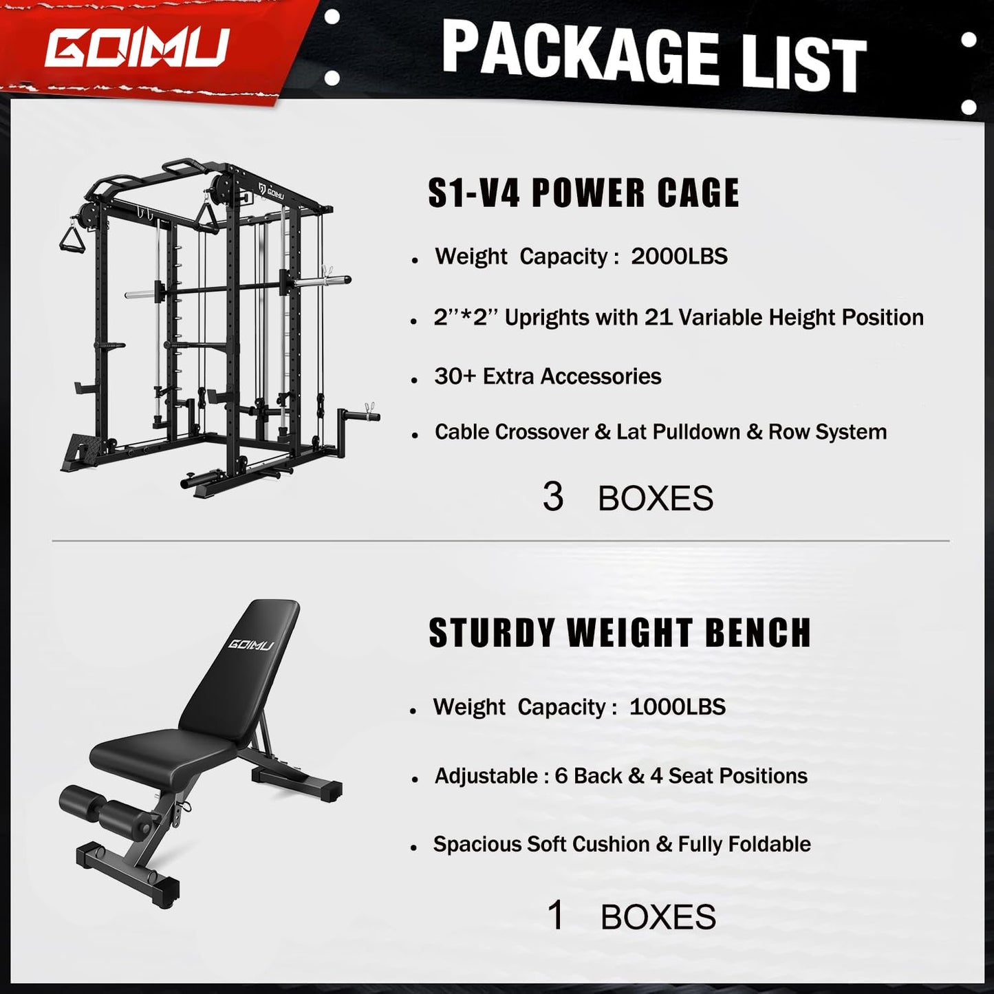 Goimu S1-V4 Smith Machine, 2000LBS Power Cage with Cable Crossover System, All-in-One Squat Rack with Smith Bar, Strength Training Equipment for Hone Gym (Black Smith Machine wiht Bench)