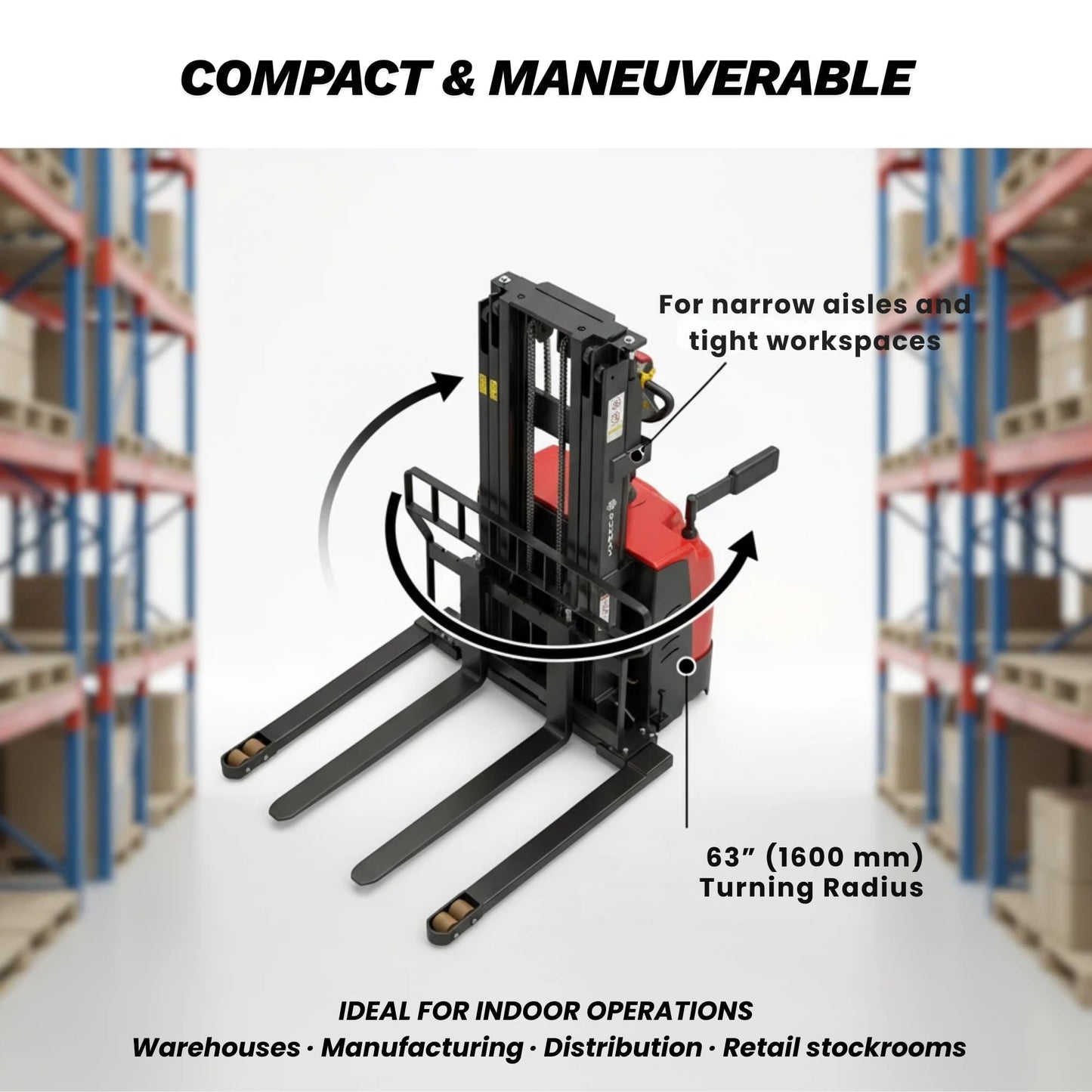 SUNMAX PS3300FEAS-3M Fully Electric Pallet Stacker, 3300 lb Capacity, 118" Lift Height, Walk-Behind Warehouse Stacker with Adjustable Straddle Legs