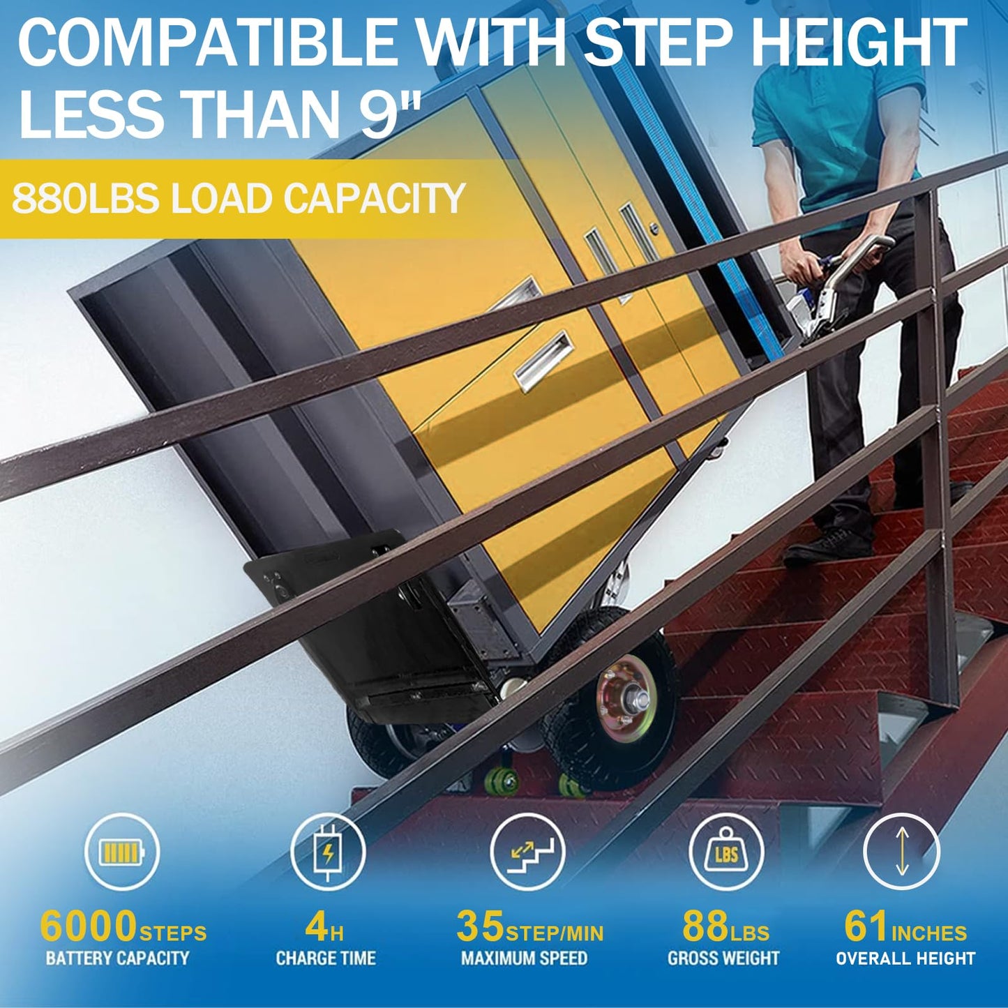 RXFSP 880LB Capacity Electric Stair Climbing Hand Truck – Heavy-Duty Motorized Dolly for Straight & Curved Stairs, Effortless Heavy Load Transport