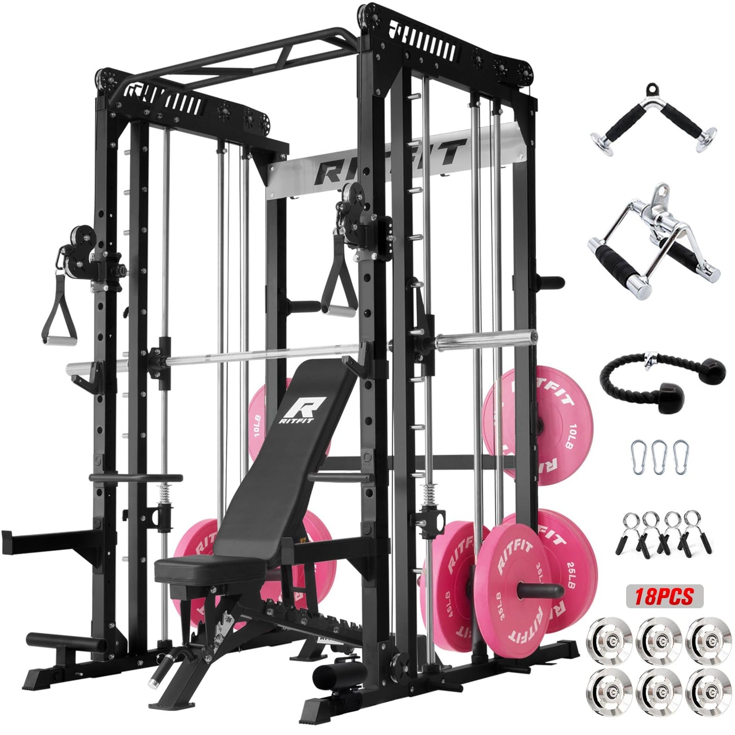 RitFit M1 Pro Smith Machine with Cable Crossover System, Multi-Function Squat Rack Power Cage for Home Gym, Power Rack and Packages (with M1 PRO Pink BP 260LBS), Blackpink