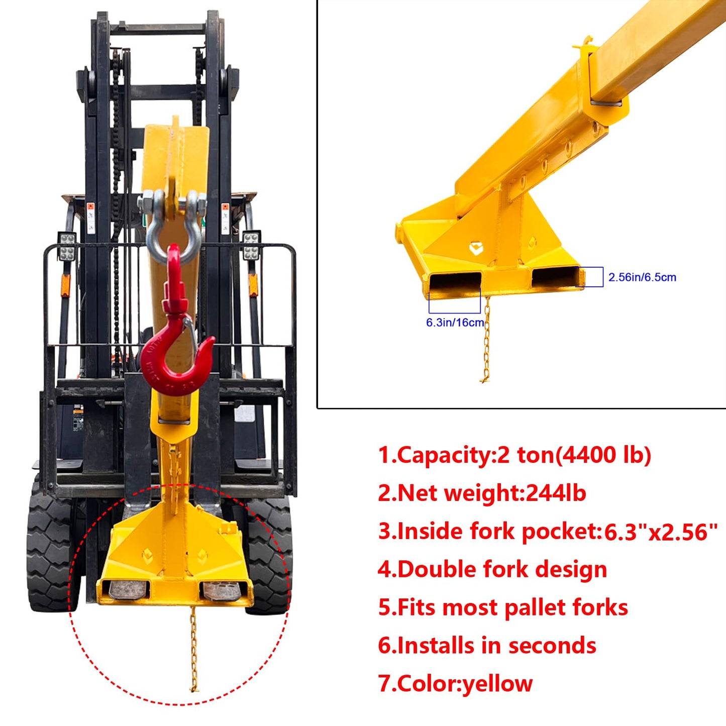 WYDDDARY Adjustable Mobile Crane Lifting Hoist Truss Jib Boom Hook 4400LbS Capacity Forklift Telescopic Boom for Forklift Towing Handling(Angle Fixation)