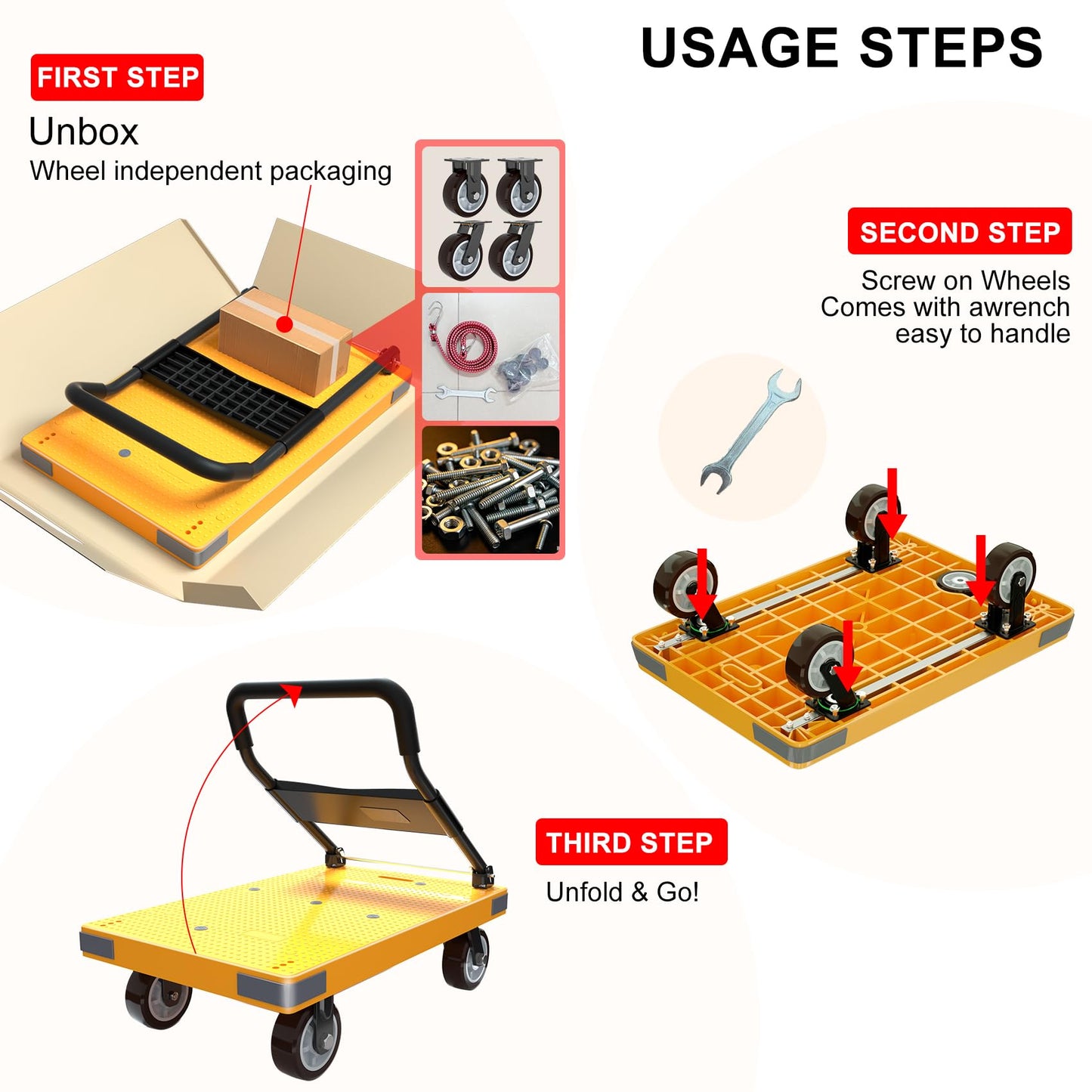 WUD Push Cart, Folding Mobile Platform Trolley,Thickened and Reinforced, 360° Swivel Wheels,35.4 “L x 23.6 ”W, 1323 lb. Yellow