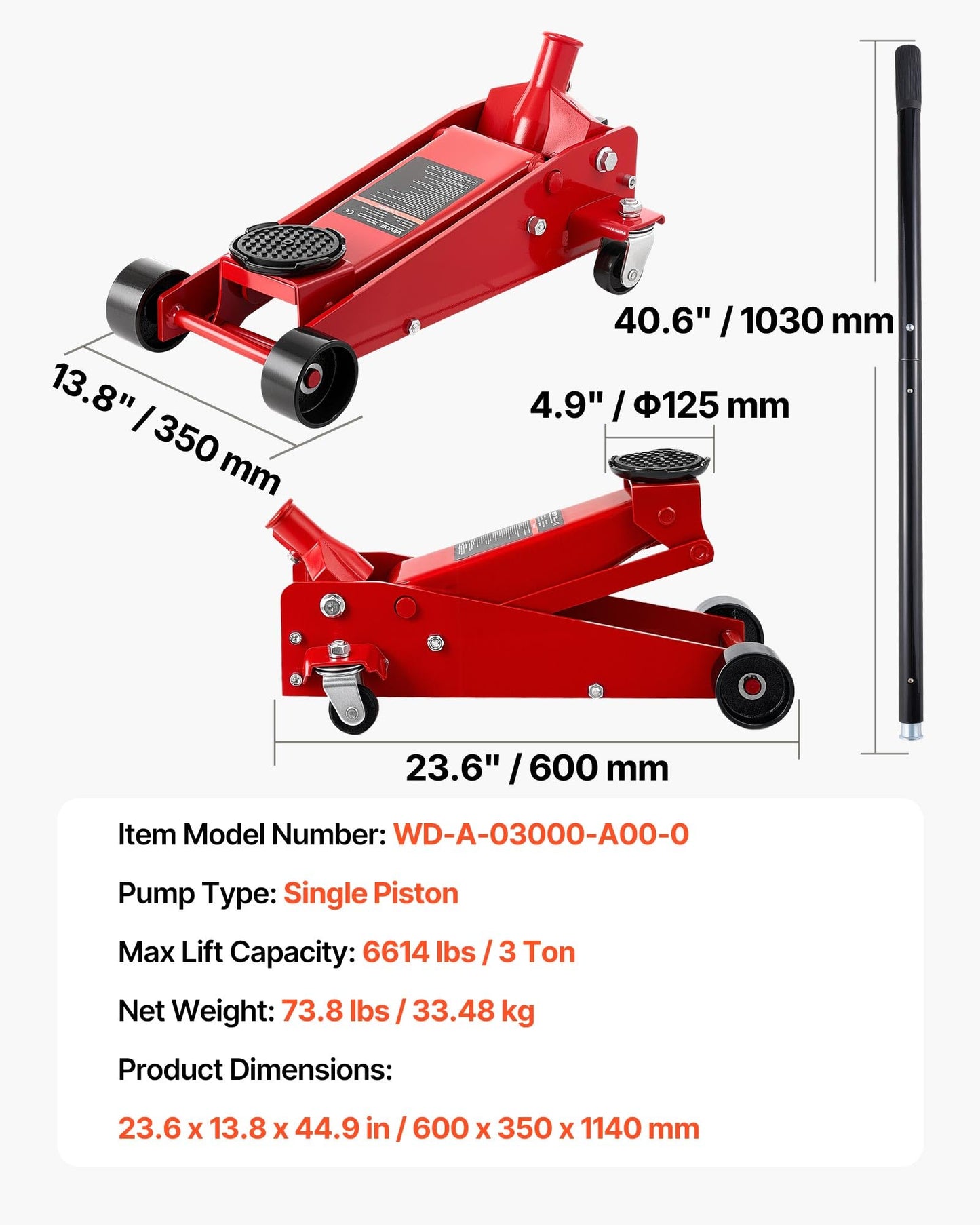 VEVOR 3 Ton Low Profile Floor Jack, Steel Racing Floor Jacks with Single Piston Quick Lift Pump, Hydraulic Trolley Car Jack for Sport Utility Vehicle, SUVs, Pickups, Lifting Range 5.1"-19.7"