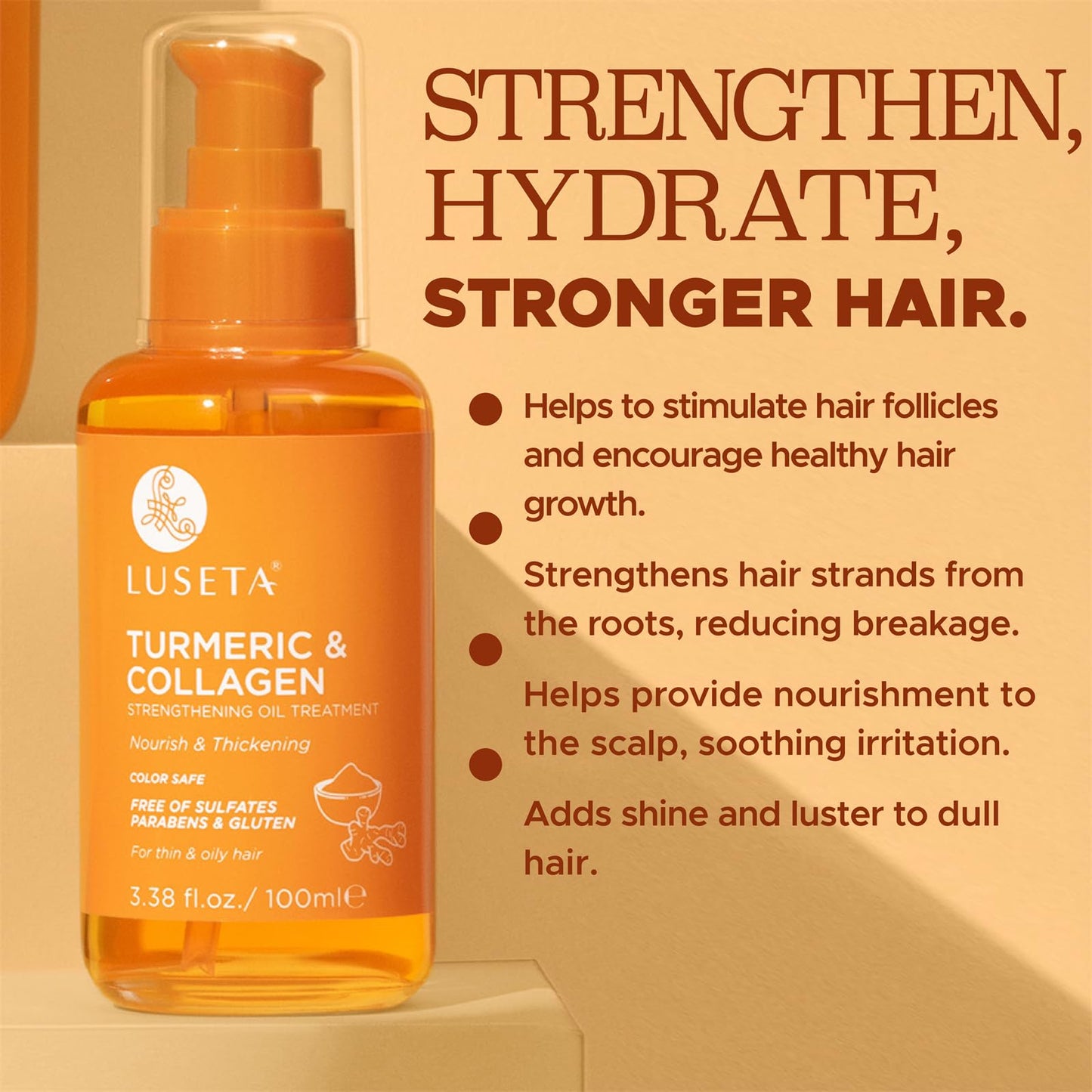 Luseta Turmeric & Collagen Hair Serum for Damaged and Thining Hair, Strengthening Oil Treatment Preventing breakage for Women and Men Adding Shine 3.38oz