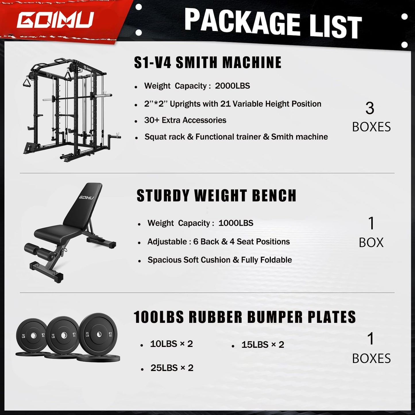 Goimu S1-V4 Smith Machine, 2000LBS Power Cage with Cable Crossover System, All-in-One Squat Rack with Smith Bar, Strength Training Equipment for Hone Gym (Red Smith Machine wiht 220lb Weights)
