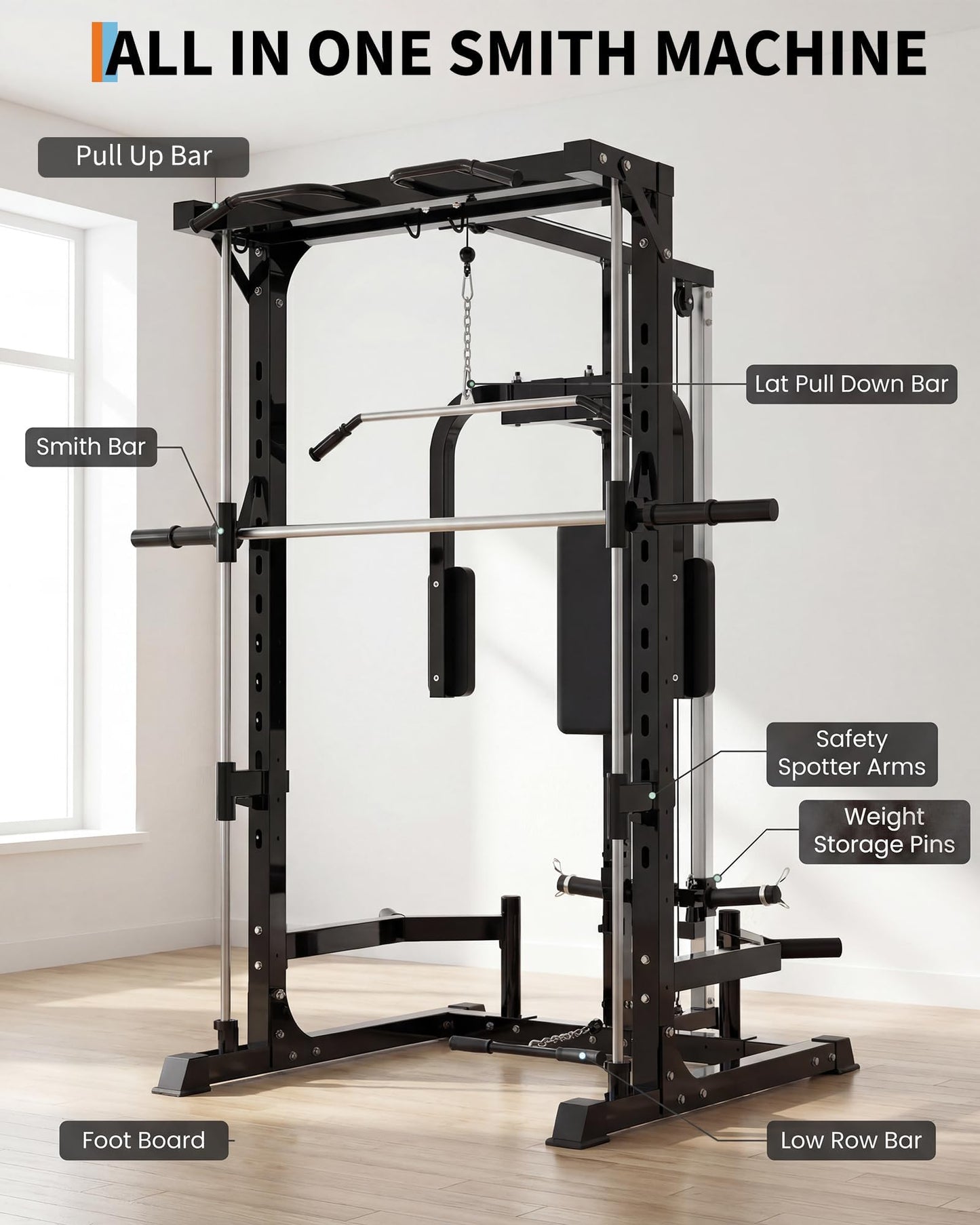 Multi-Functional Smith Machine Power Cage Squat Rack – Heavy Duty Home Gym Equipment – Includes LAT Pulldown, Low Row, Pull-Ups & Bench Press