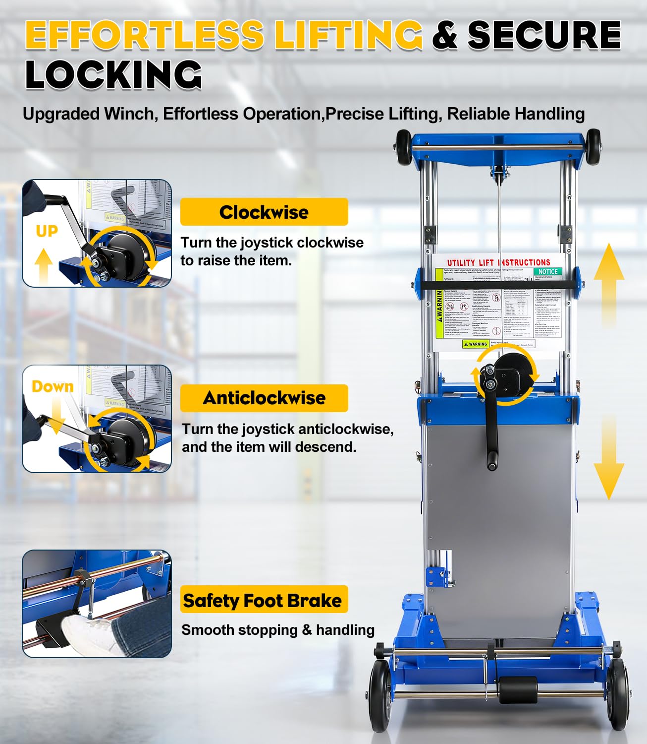 Material Lift Winch Stacker, 123'' Manual Material Lifts, Heavy Duty Pallet Truck Dolly with Adjustable Fork,6 Wheels, Adjustable Straddle Hand Winch Lift Trucks for Warehouse, Factory, Load 410 Lbs