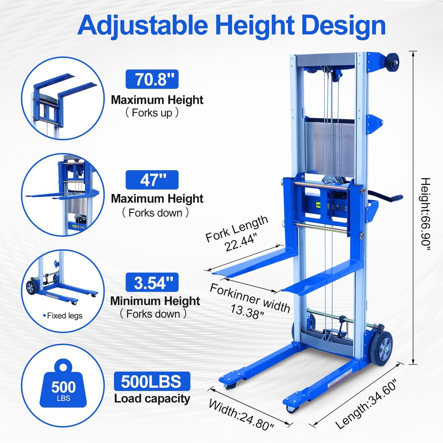 ELOMBR 70" Material Lift Winch Stacker, 500 lbs Capacity Manual Material Lifts, Fixed Straddle Material Lifter, Hand Winch Lift Trucks for Warehouse, Factory, Lightweight, 34.60" L x 24.80" W