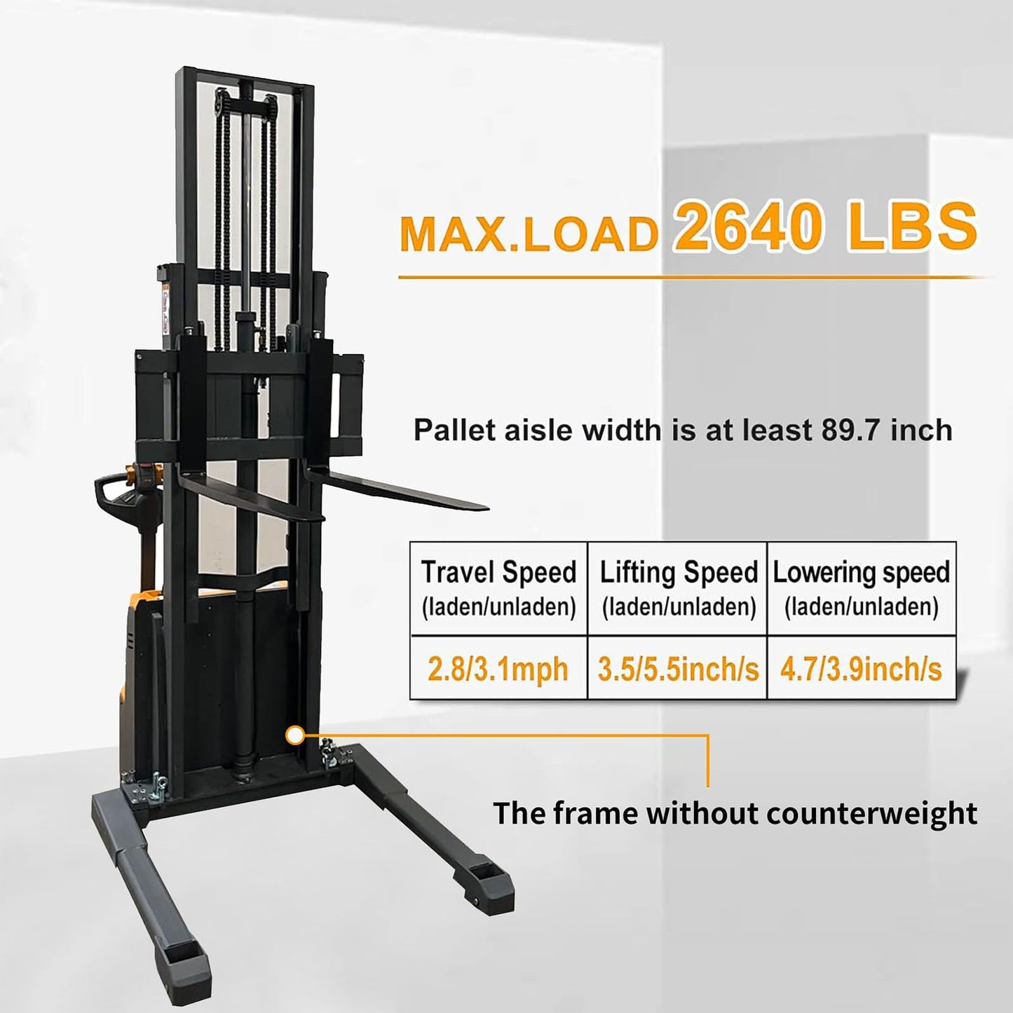 Torry Carrier Powered Forklift Full Electric Powered Stacker 98" H Lifting Walkie Stacker with Straddle Legs & Adjustable Forks 2640lbs Cap Straddle Legs