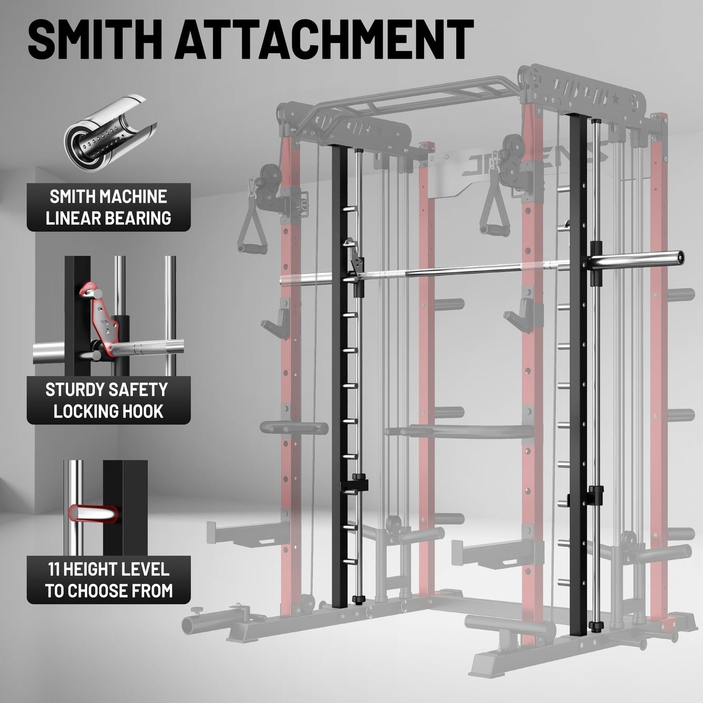 JELENS Smith Machine for Home Gym, Multi-Function M12 Power Cage with Cable Crossover System, Squat Rack with Smith Bar and More Attachment (Red, 370LB Black Weights Package)