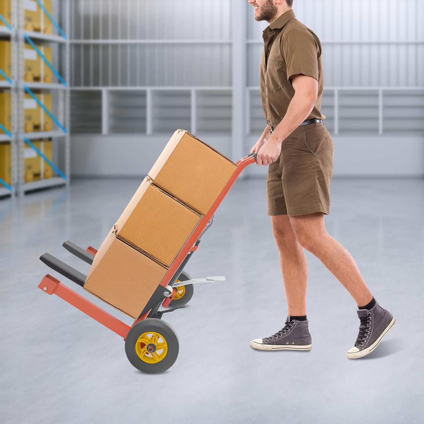 BRICZUNA Hydraulic Material Lift Pallet Truck Dolly Adjustable Forklift Stacker Pallet Jack Hydraulic Material Lift Winch Stacker for Workshops & Warehouses, Tangerine (36" H, Max. Load 577 Lbs)