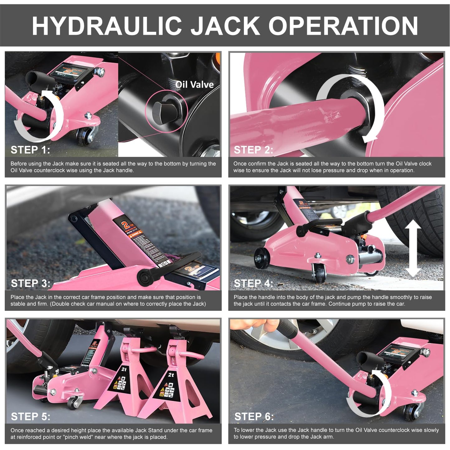 PM PERFORMOTOR Low Profile Hydraulic Trolley Service/Floor Jack Combo with 2 Ratchet Jack Stands, 2 Ton (4000 lbs) Capacity, Pink, PM-TOL-FJ3P-PK