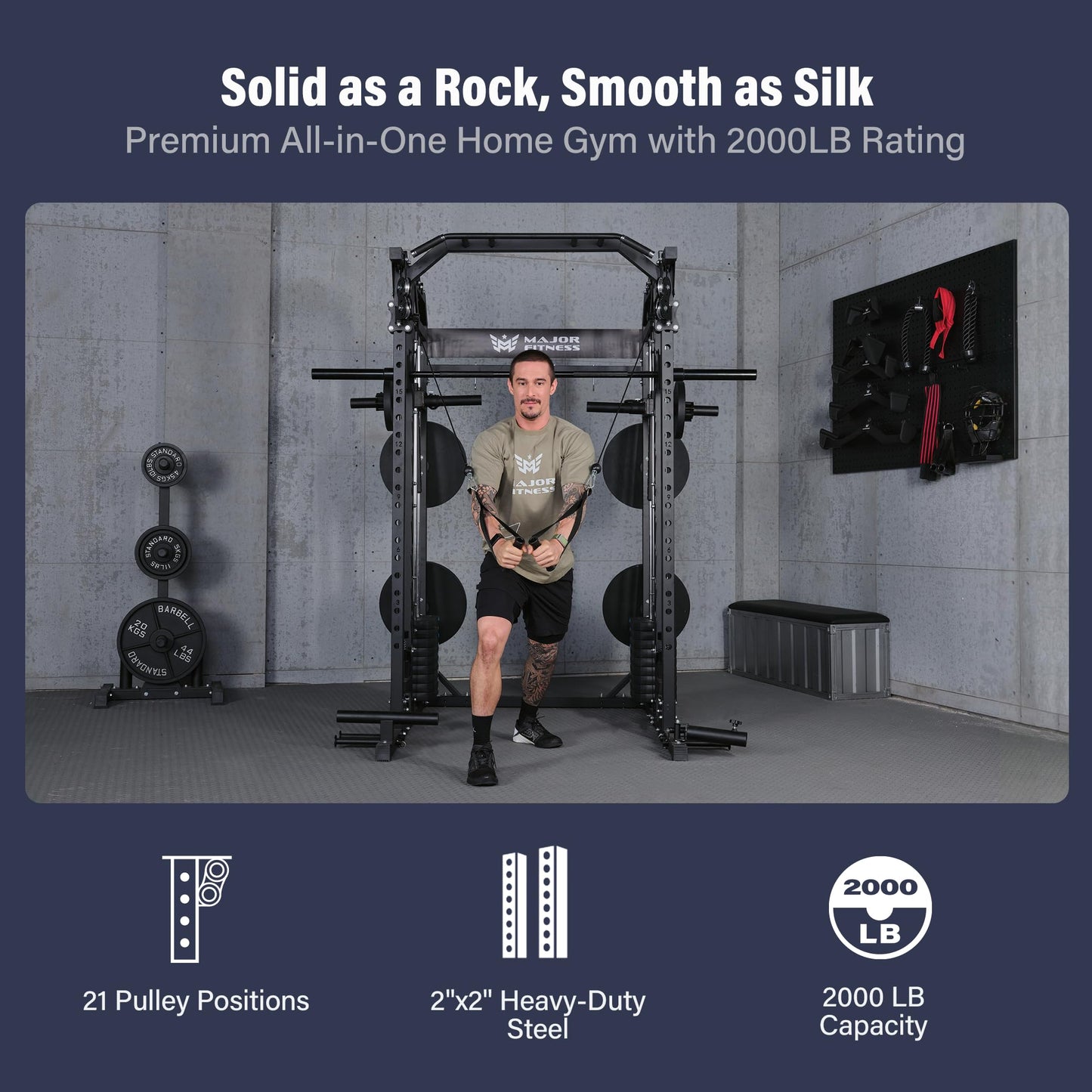 Major Fitness Drone2 Premium Smith△ Machine, All-in-One Home Gym Squat Rack with Aluminum Pulley Set, Weight Bar (BK D2AW Package(with Red Bench+230lb))