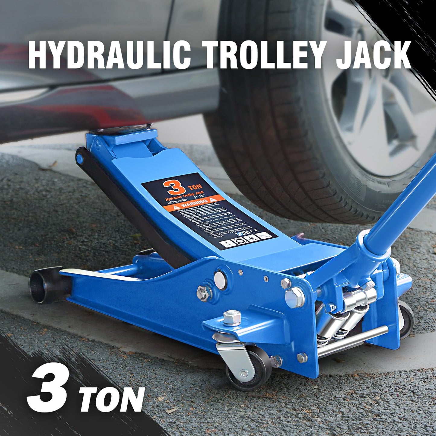 DNA Motoring Low Profile Hydraulic Trolley Service/Floor Jack, 3 Ton (6000 lbs) Capacity, Lifting Range 3"-20", Blue, TOOLS-00475