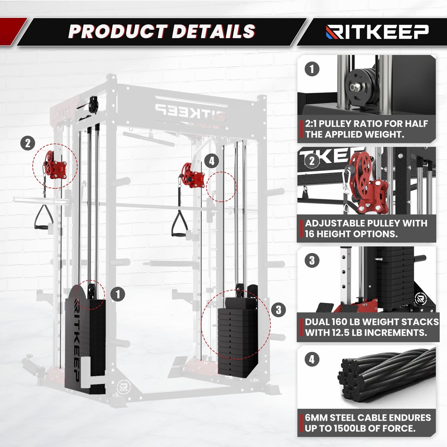 RitKeep PMAX-5600 Heavy-Duty Smith Machine Squat Rack with 320 LB Weight Stacks, 6-in-1 Multi-Function Home Gym System, Dual Cable Crossover and 2000 LB Capacity for Full-Body Strength Training