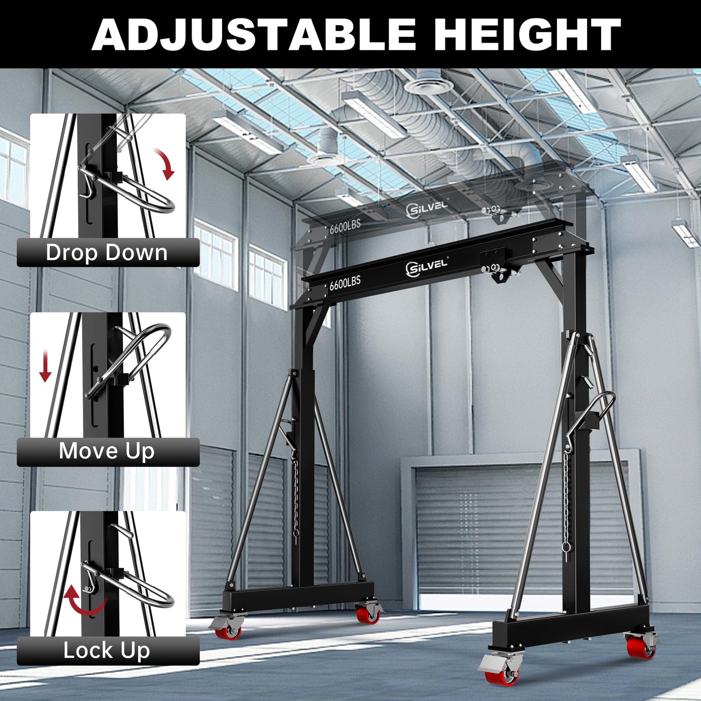 SILVEL 3 Ton 6600Lbs Gantry Crane, 8.53FT Maximum Working Width, Adjustable Height 8.53-12.47FT, Portable Shop Lift Hoist with 3 Ton Manual Trolley for Factories, Warehouses, Garage, Black