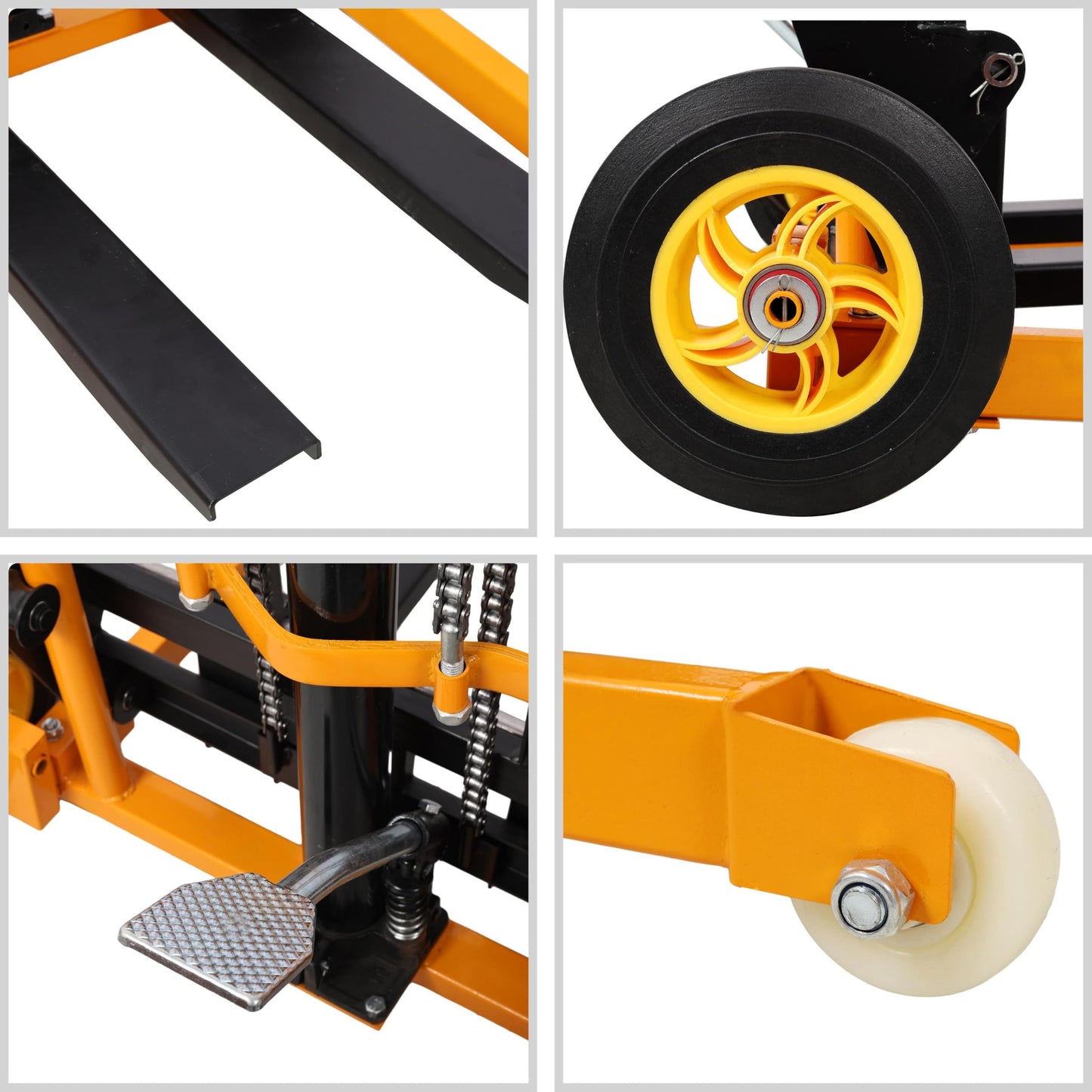 Hydraulic Manual Forklift Pallet Stacker Forks 440 lbs Load Capacity Steel Material with Swivel Casters Rear Rubber Tires 30" x 26" x 49.25"H Heavy Duty Dolly Hand Truck Transporter Yellow