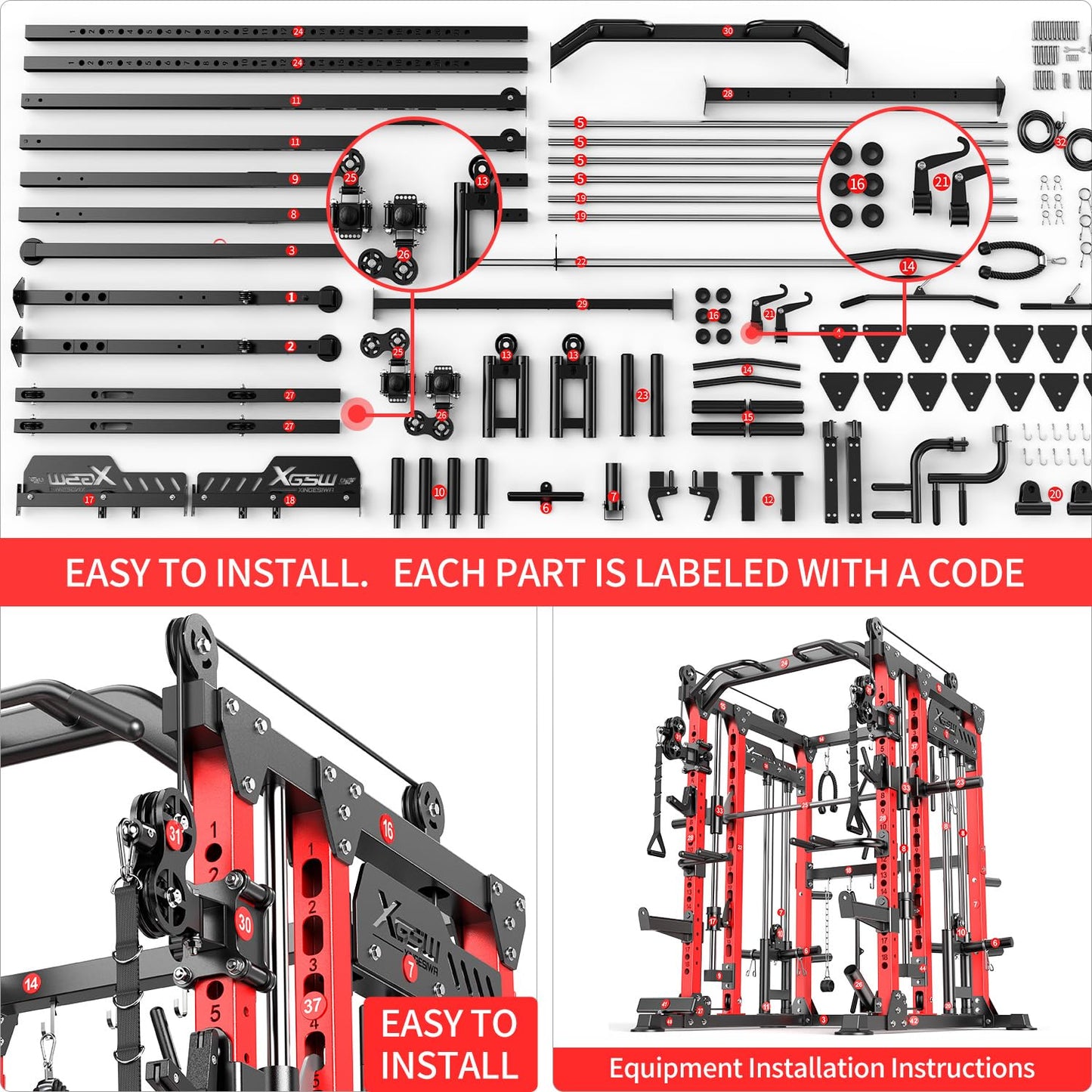 XGSW XINGESIWR Multi-Purpose Squat Rack,Smith Machine Weight Rack Set with Cable Crossover System, Home Gym Power Racks, Power Racks and Packages (L04, Power cage Red+Bench)