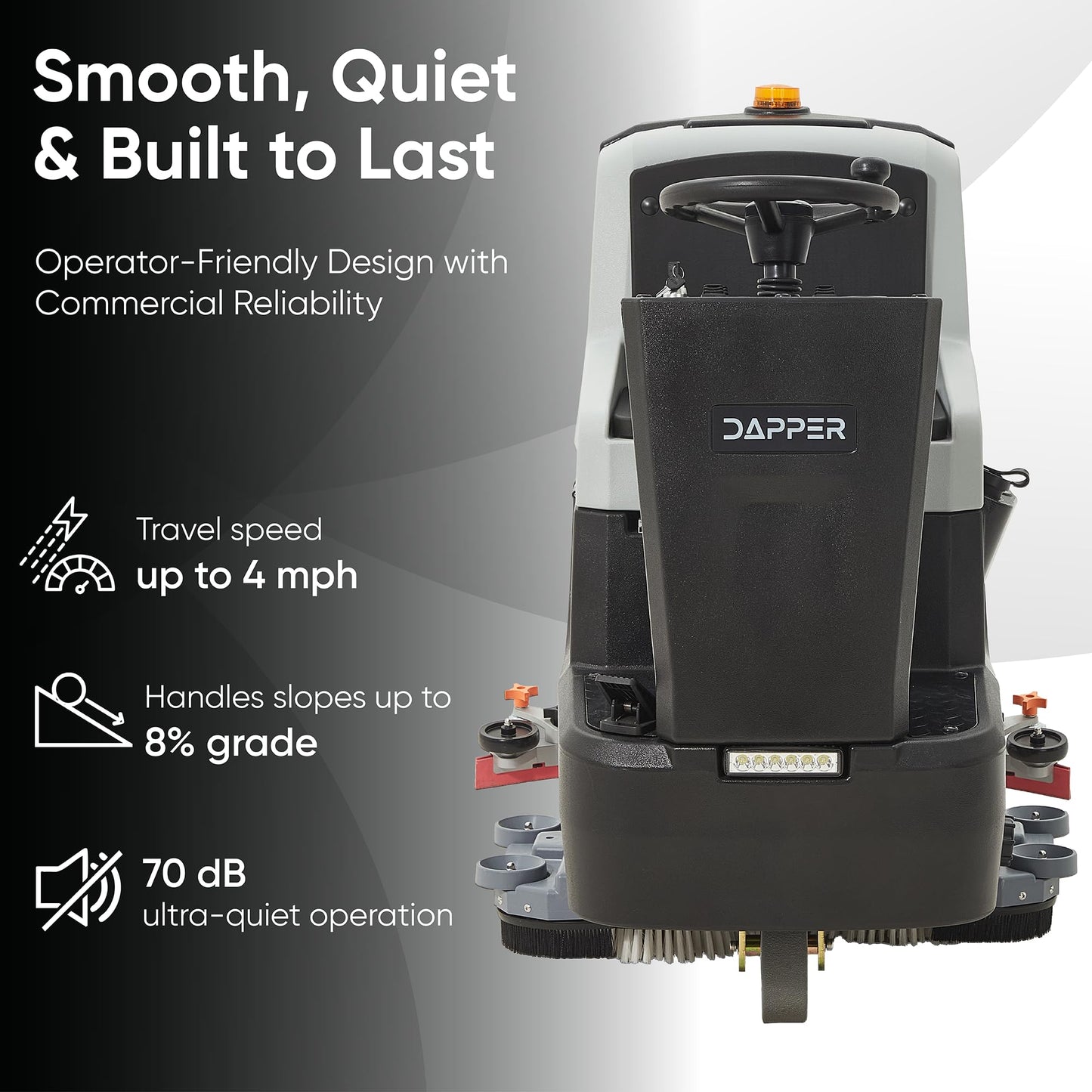 Battery Powered Ride-On Commercial Floor Scrubber Machine, 30" Brush, 39" Squeegee Width, 24 gal Solution Tank, 25 gal Recovery Tank, 5 hr Use 8 hr Charge, 180 RPM, 52,000 Sqft/H, Batteries Included