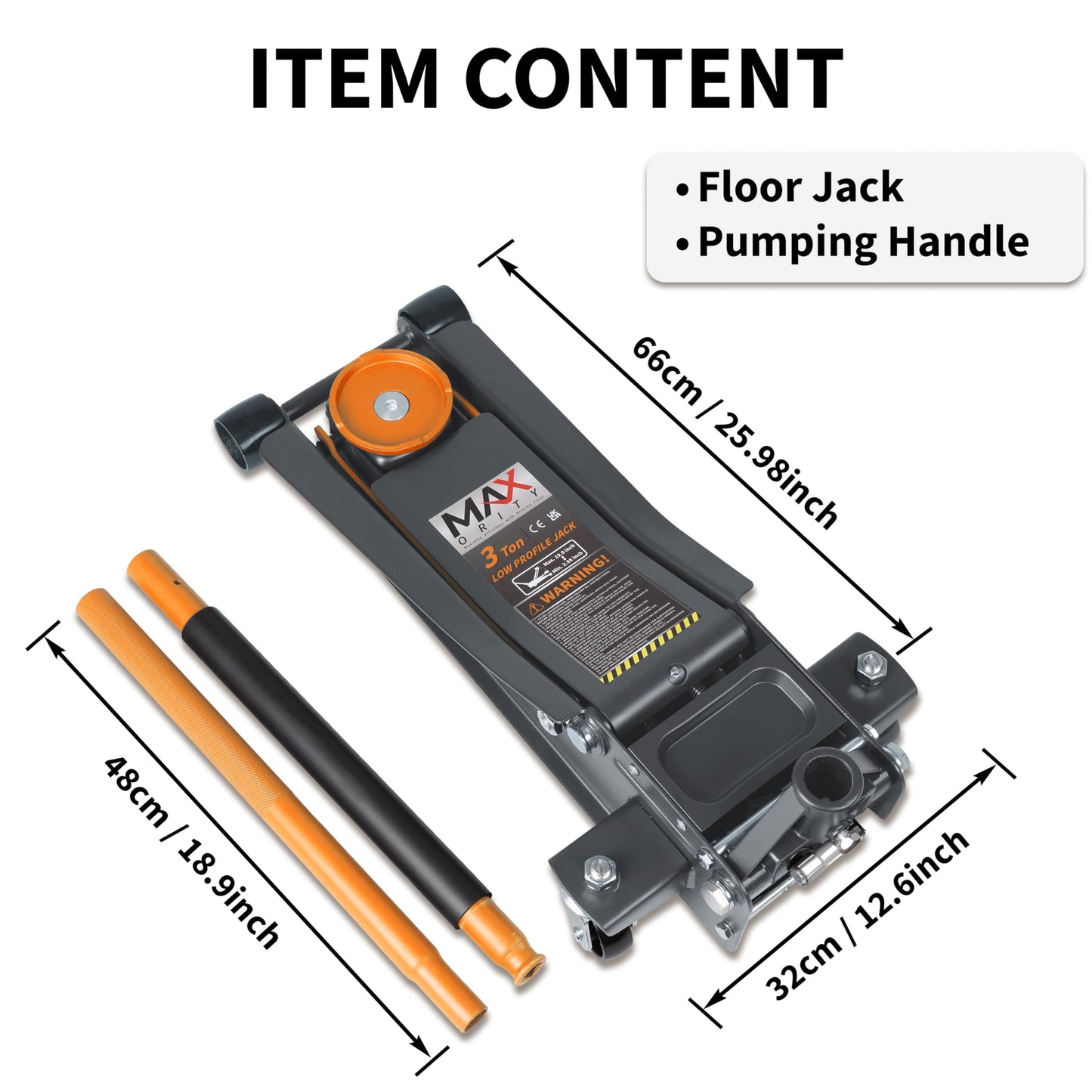 Maxority 3-Ton (6600lbs) Low Profile Hydraulic Heavy-Duty Steel Floor Jack with Dual Pistons Quick Lift Pump, Home and Workshop Car Maintenance for Various Vehicles (Orange, 3 Ton Low Profile)