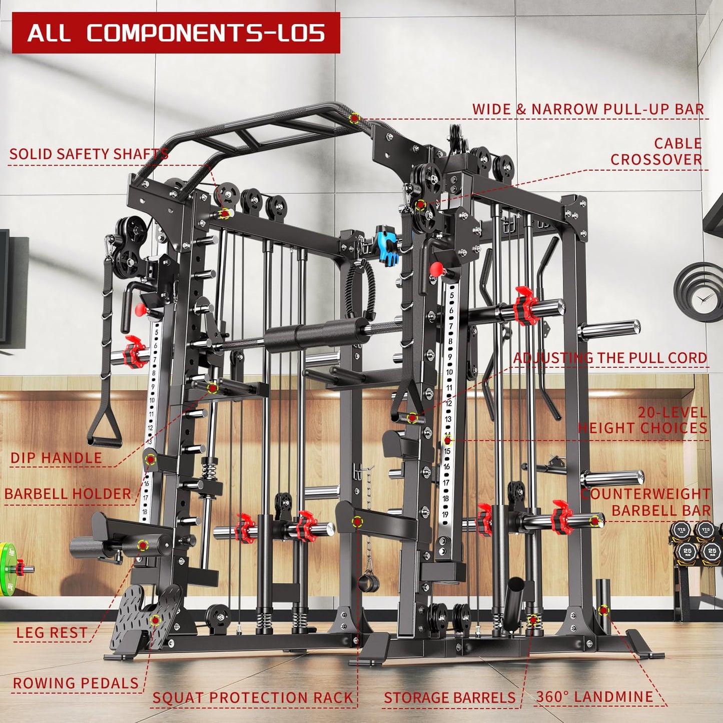 XGSW XINGESIWR Multi-Purpose Squat Rack,Smith Machine Weight Rack Set with Cable Crossover System, Home Gym Power Racks, Power Racks and Packages (L05, Power cage Black+Bench+(Pole+Color BP) 400LBS)