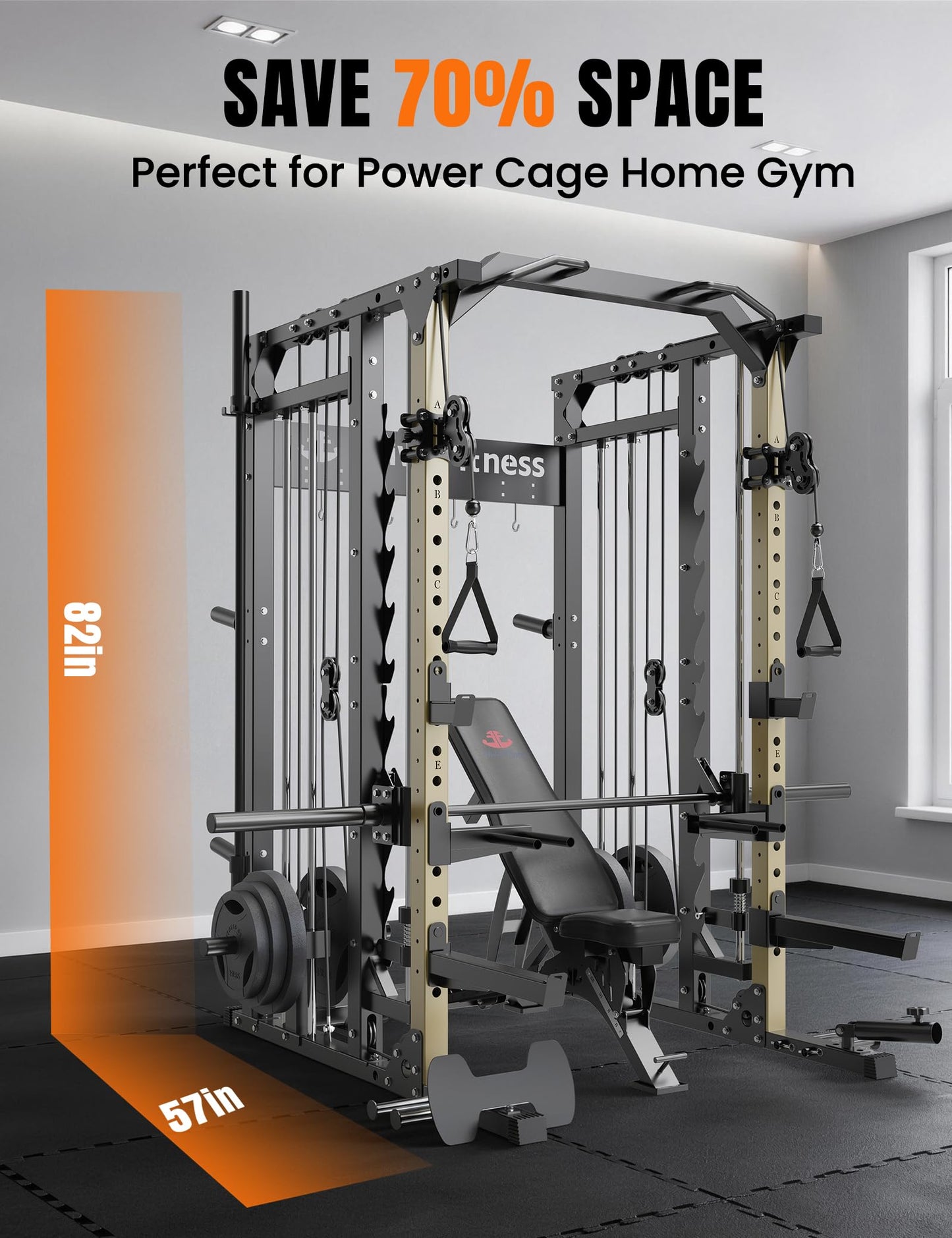 Unive Fitness Smith Machine, All-in-One Home Gym Power Cage with Squat Rack, Dual Cable Crossover & Pulley System, Complete Attachments for Full Body Workouts (DE Smith Machine)