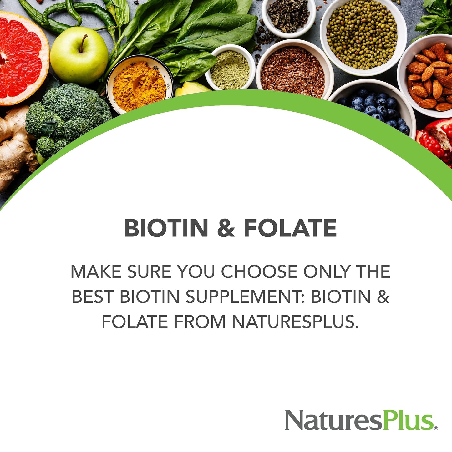 NaturesPlus Biotin & Folic Acid (Folate) - 30 Sustained Release Tablets - Vitamin B Complex for Energy, Beauty, Metabolism & Immune Health - Supports Healthy Skin, Nails & Hair - 30 Servings