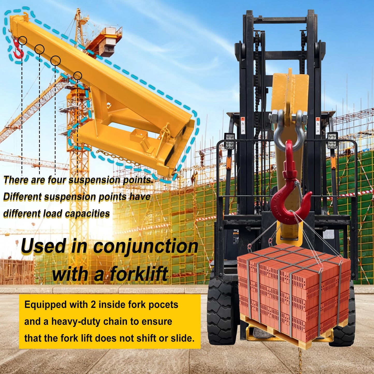 HayWHNKN Forklift Jib Boom Forklift Mobile Crane, 3T / 6600LB Telescopic Crane Attachment with Hook, Adjustable 63"-98" Mobile Lifting Hoist Towing Handling for Warehouse & Construction Material