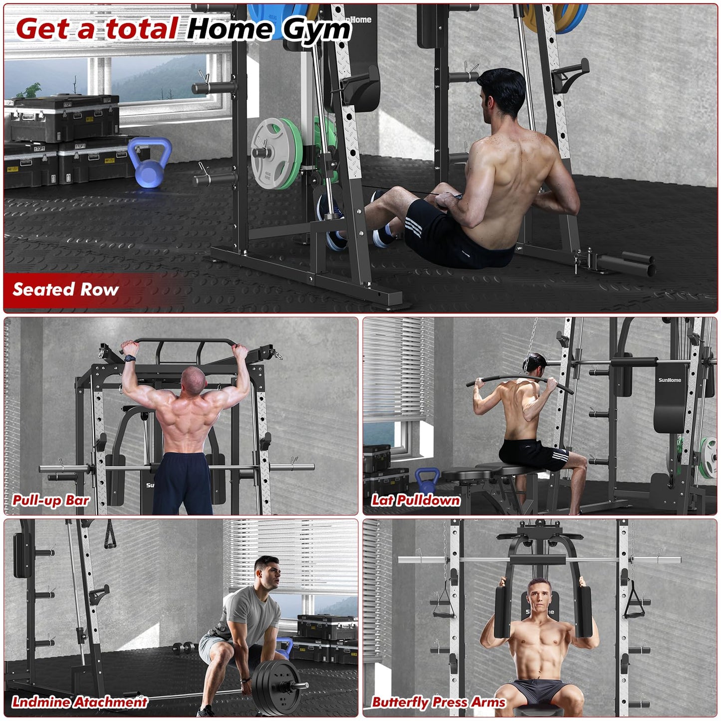 SunHome Smith Machine with Bench and 230LBS BP, 2000LBS Power Cage Squat Rack with Smith Bar, Two LAT Pull-Down Systems, Cable Crossover Machine and and More Cable Attachment for Home Gym