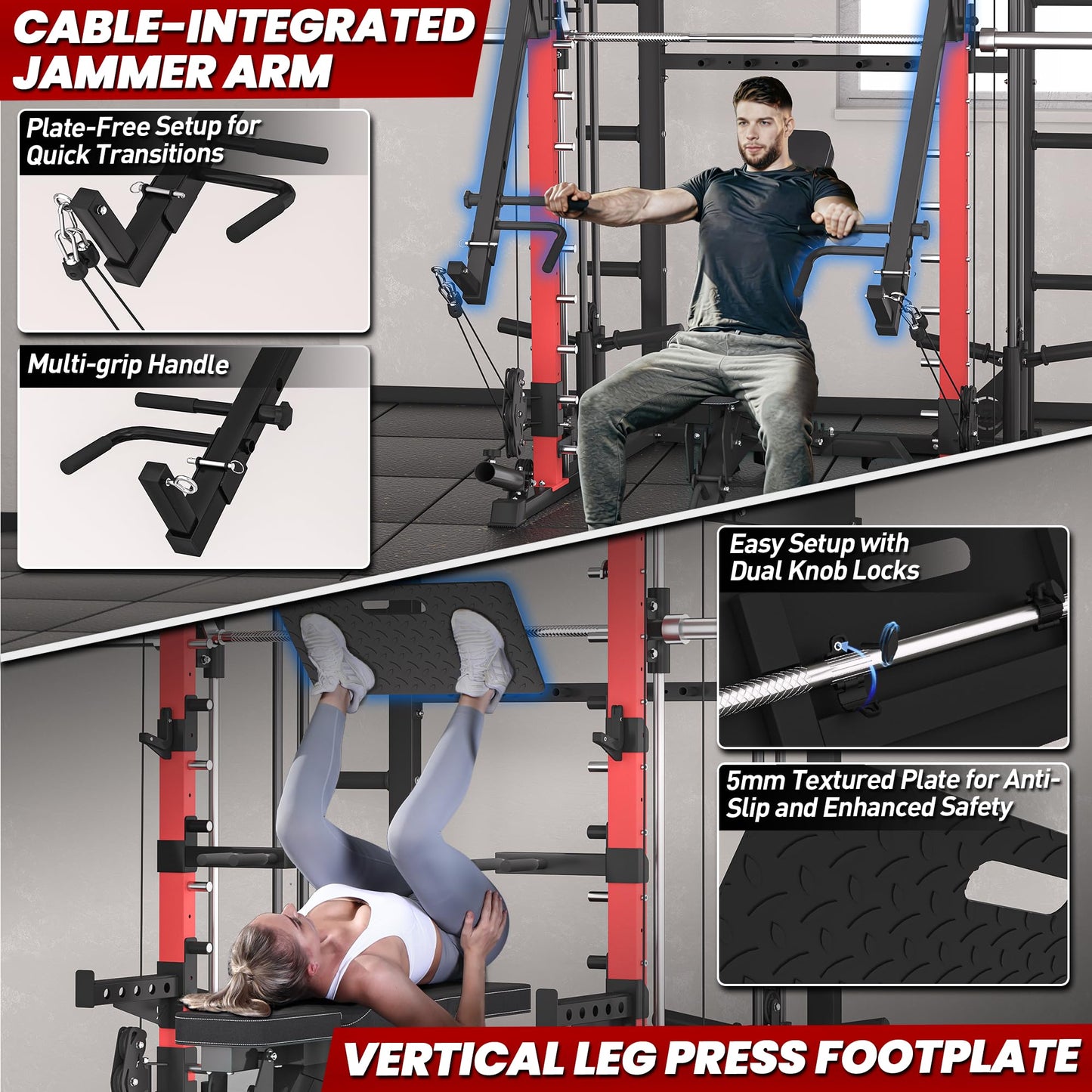 Smith Machine with Jammer Arms & Leg Press Board, RitKeep PMAX-4750 with 1800 lb Capacity ,All-in-One Smith Machine with Dual Cable Pulley System (1:1 & 2:1) for Home Gym Strength Training