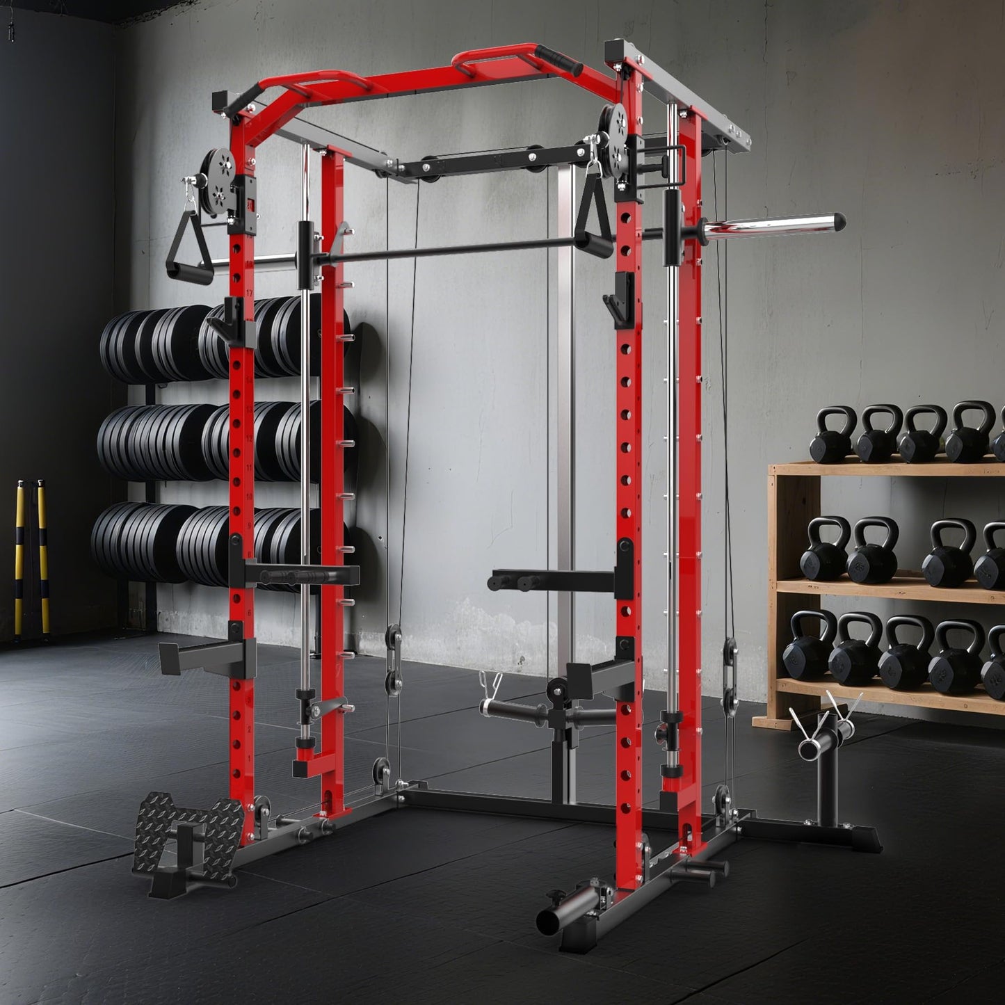 GAOMON Smith Machine Squat Rack, Heavy Duty Strength Training Power Cage with Pulley System, Dip Bar, LAT Pulldown, Multifunctional Workout Machine for Home Gym, Studio, Red