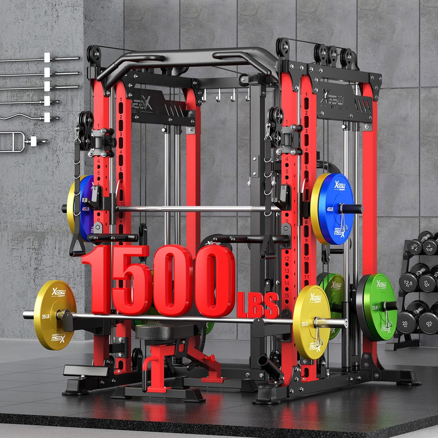 Power Cage and Packages，Smith Machine Weight Stack Set with Cable Crossover System, Multi-Function Squat Rack Power Rack for Home Gym (L06, Red-Power Cage)