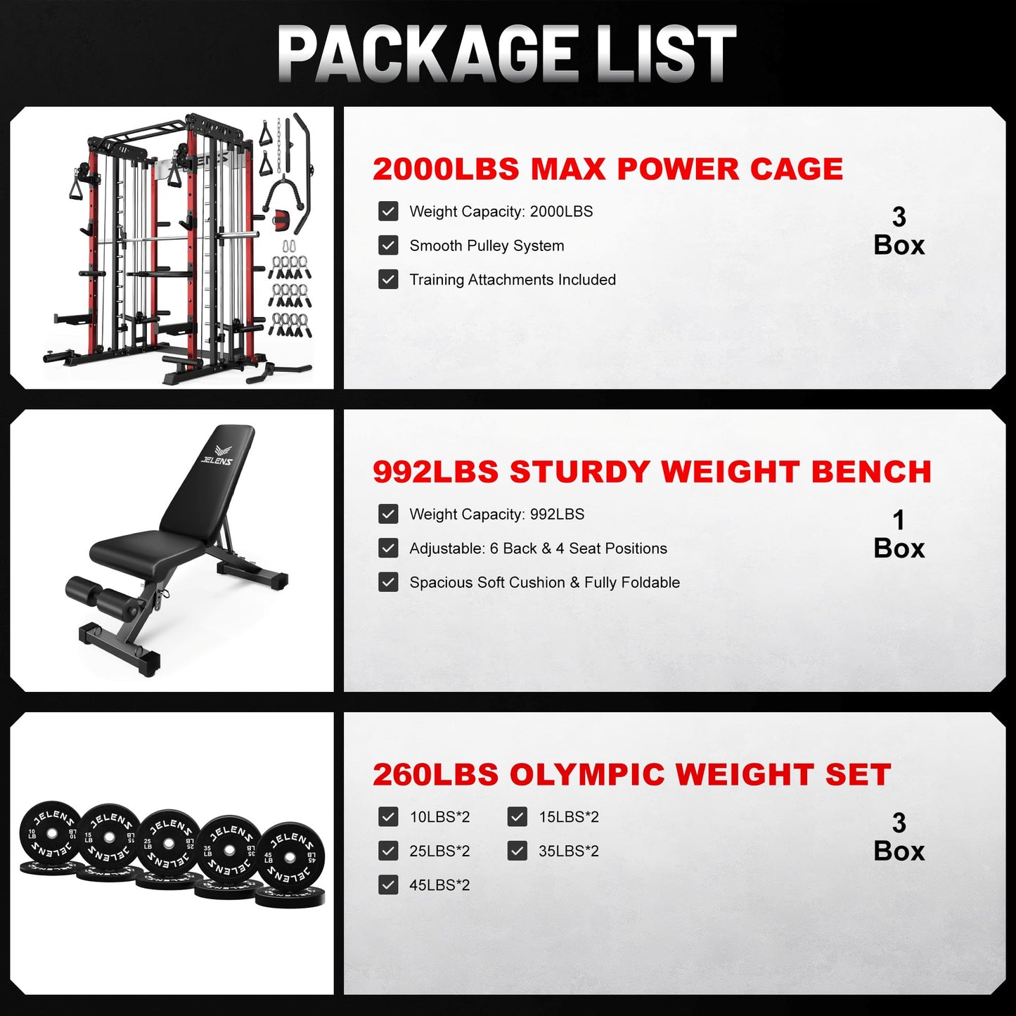 JELENS Smith Machine for Home Gym, Multi-Function M12 Power Cage, Squat Rack with Smith Bar and More Attachment (Red, 260LB Black Weights Package)