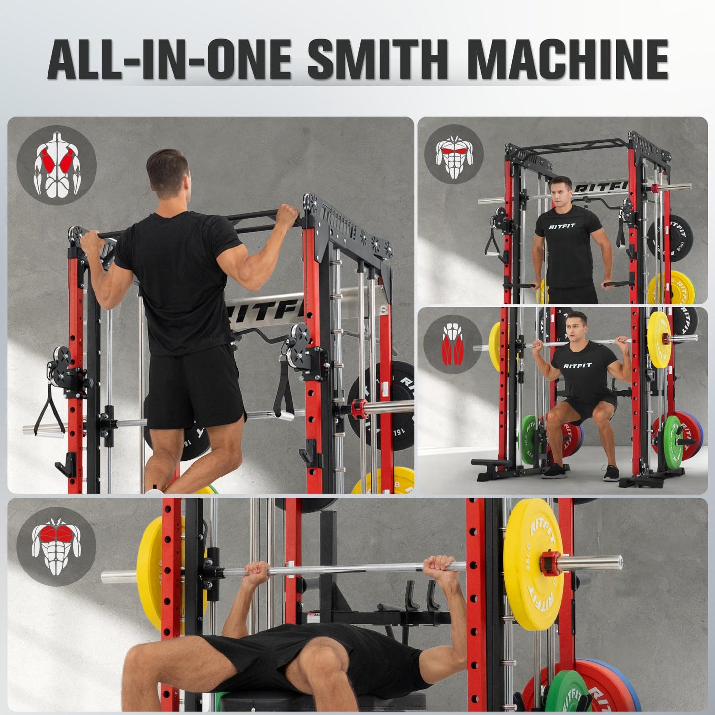 RitFit M1 Pro Smith Machine with LAM1 Adjustable Lever Arm Attachment, All-in-One Power Cage, Power Rack with LAT Pulldown & Cable Crossover System for Home Gym(Red)
