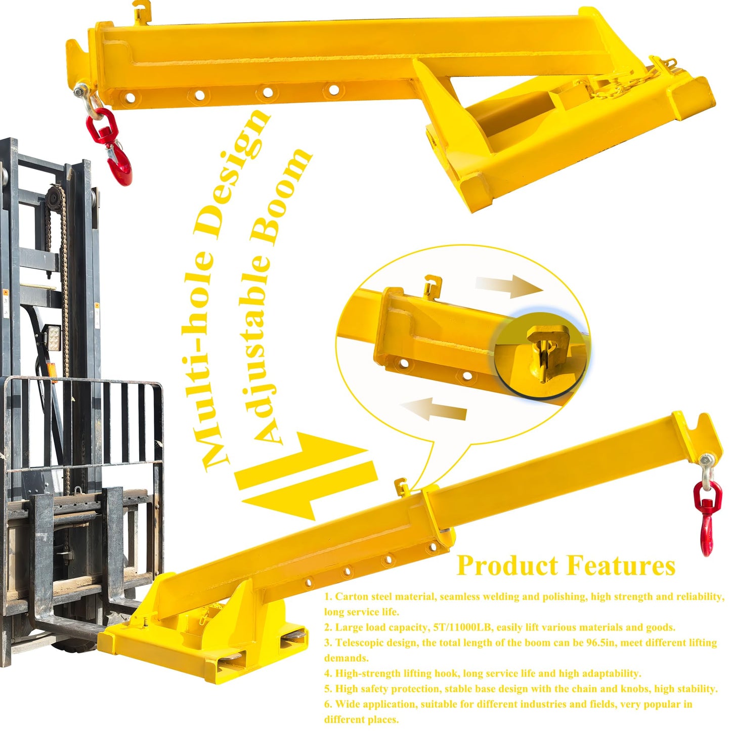 HQHAOTWU Forklift Jib Boom Crane 11000lbs Capacity Telescoping Mobile Crane Industrial Adjustable Forklift Lifting Hoist Truss Jib Boom Hook Manual Telescopic 63in-96.5in for Warehouse & Factories