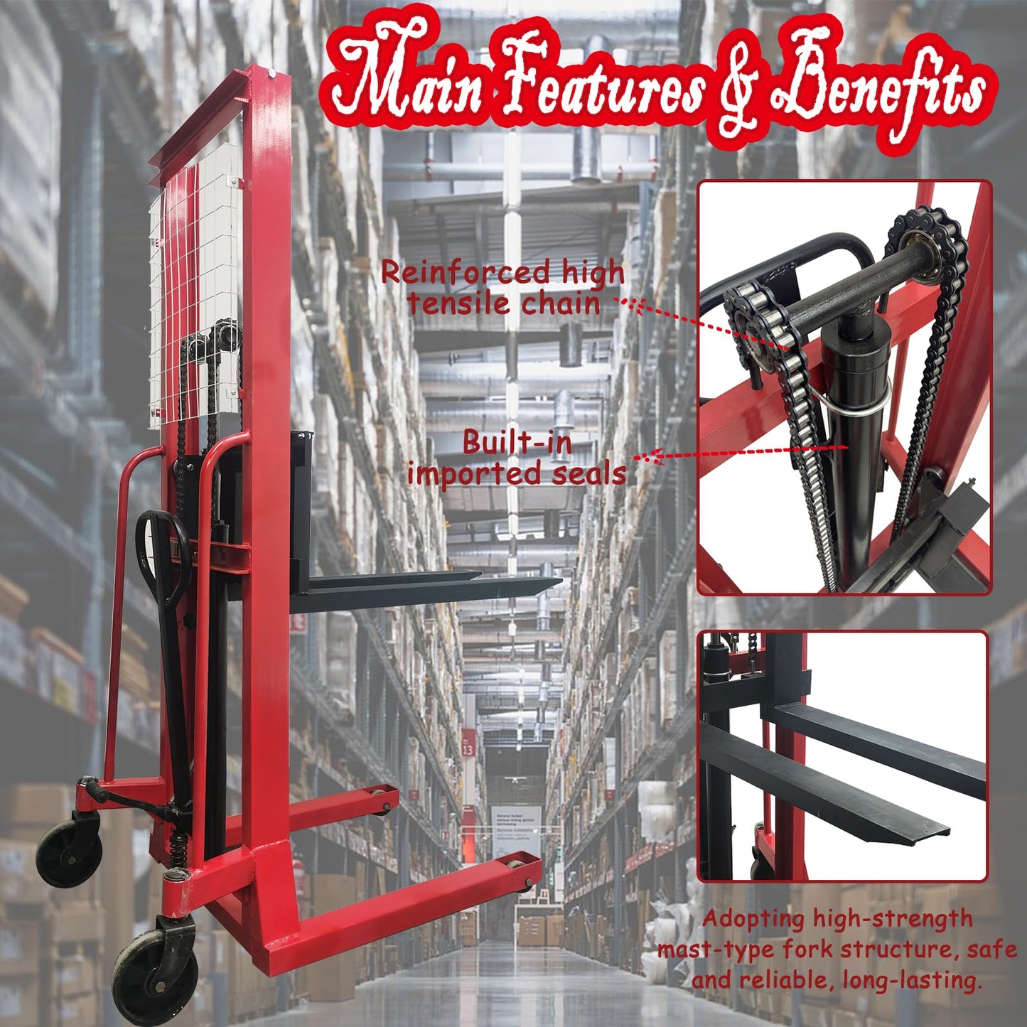 Banfluxion Manual Hydraulic Pallet Stacker Truck 2200 lbs Load Capacity 63" Lift Height Professional Mannual Forklift Forklift Pallet Truck Dolly for Open-Bottom Block Pallets