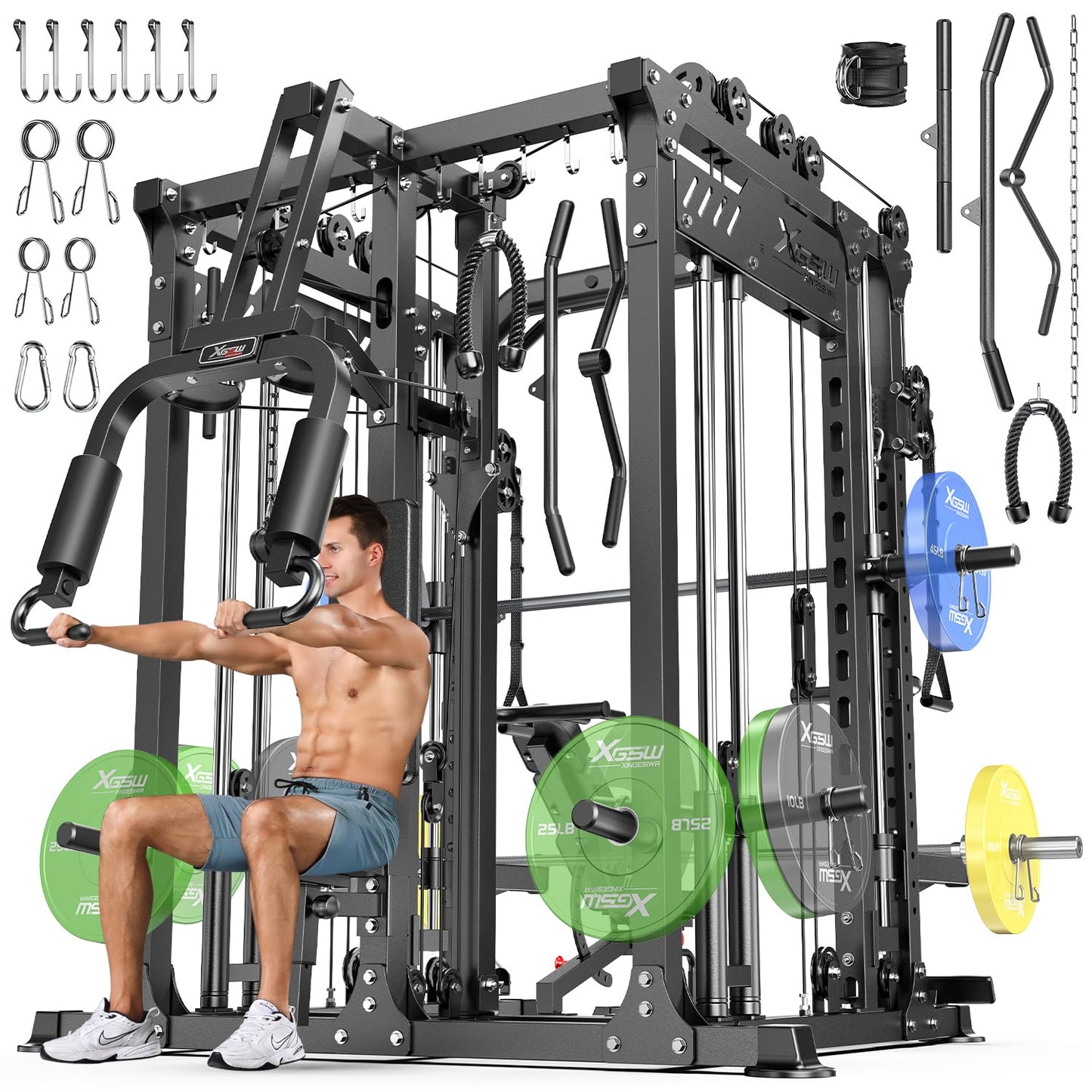 Smith Machine with Cable Crossover System, Multi-Function Power Cage Squat Rack for Home Gym, Power Rack and Packages Weight Sets. (Black, L06-Smith Machine+Weight Bench)