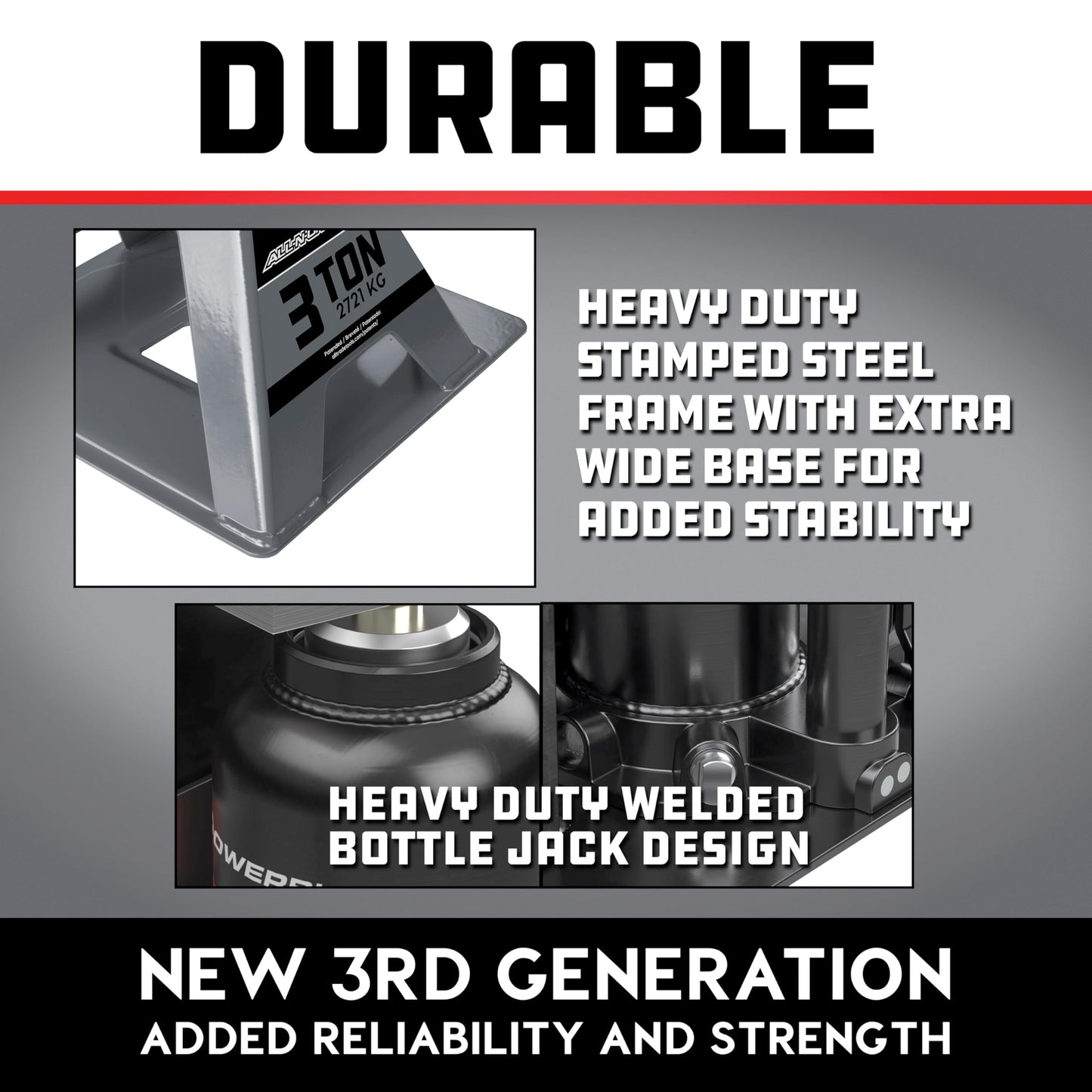 POWERBUILT 3 Ton All-in-One Hydraulic Bottle Jack and Jackstand in One, Compact, Wide Base, 11-21 inch Range, Eliminates Jackstands, for Trucks, SUVs, RVs, Trailers, Not for Sedans (Grey) 640912GY