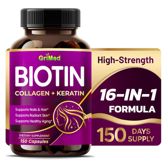 GriMed BIOTIN with Collagen + Keratin 7,275mg Strong Nails & Hair, Radiant Skin, Healthy Aging (150 Count (Pack of 1))