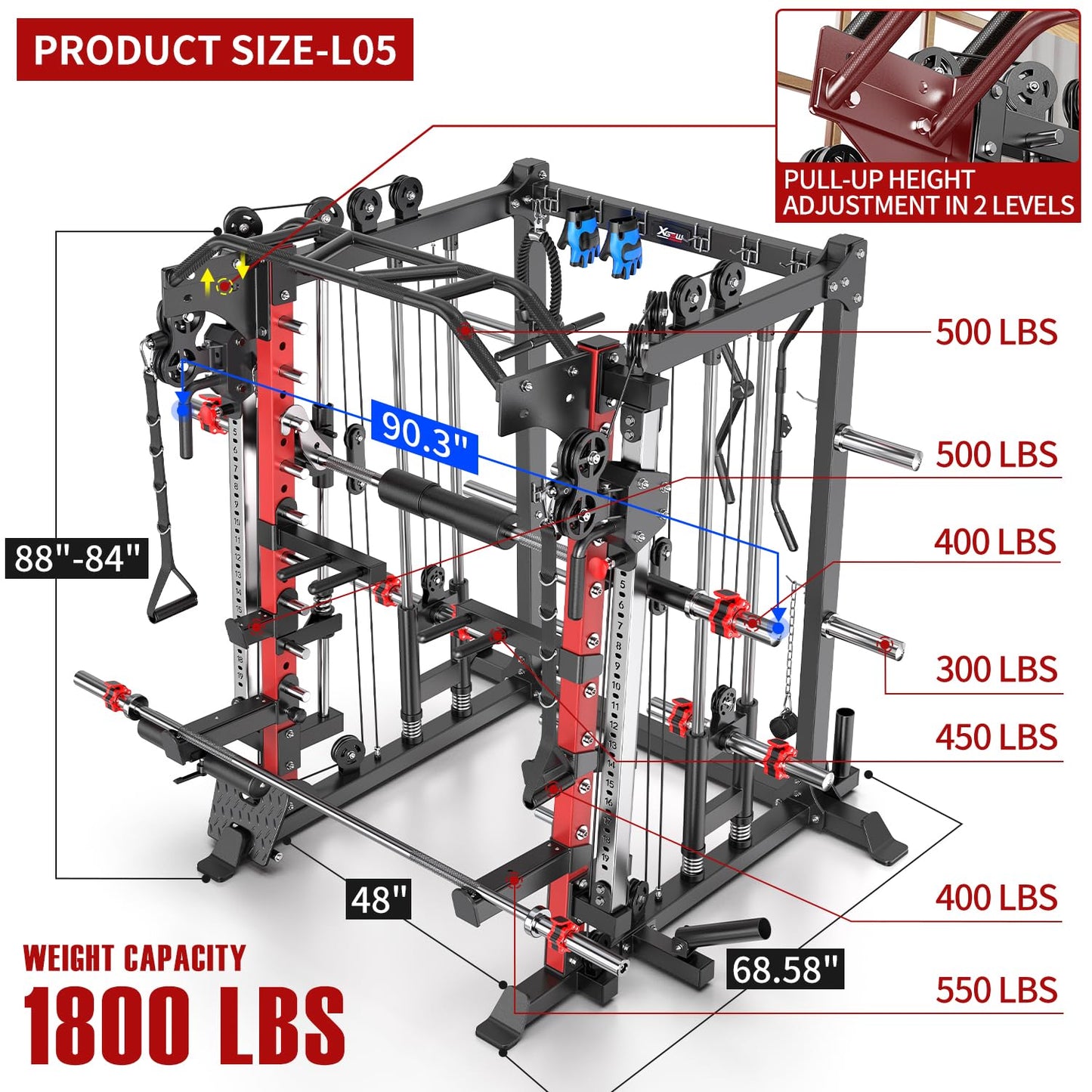 XGSW XINGESIWR Multi-Purpose Squat Rack,Smith Machine Weight Rack Set with Cable Crossover System, Home Gym Power Racks, Power Racks and Packages (L05, Power cage Red+Bench+(Pole+Cast lron) 338LBS)
