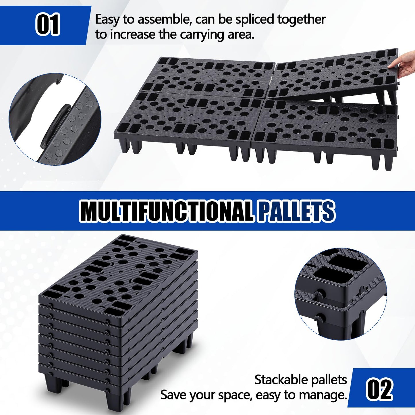 Singhoow 6 Pcs Plastic Pallets for Basement Storage Nestable Moisture Waterproof Lightweight Floor Pallets with Breathable Grid for Indoor Outdoor Supermarket Warehouse (19.6 x 11.8 x 3.9 Inch,Black)