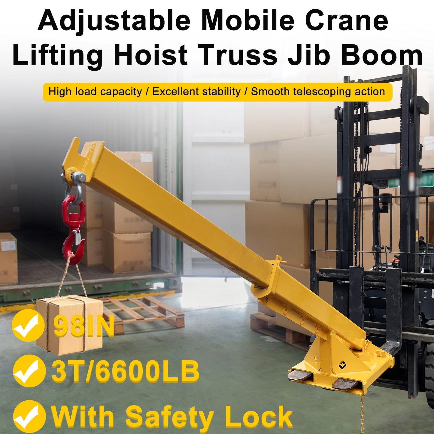 HayWHNKN Forklift Jib Boom Forklift Mobile Crane, 3T / 6600LB Telescopic Crane Attachment with Hook, Adjustable 63"-98" Mobile Lifting Hoist Towing Handling for Warehouse & Construction Material