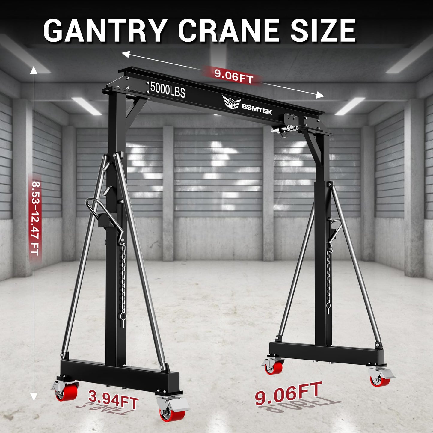 2 Ton Adjustable Gantry Crane,2026 Upgraded 5000LBS Steel I-Beam Construction, Portable Design with 360°Locking Wheels,Gantry Crane Adjustable Height from 8.53-12.5ft for Workshop,Garage