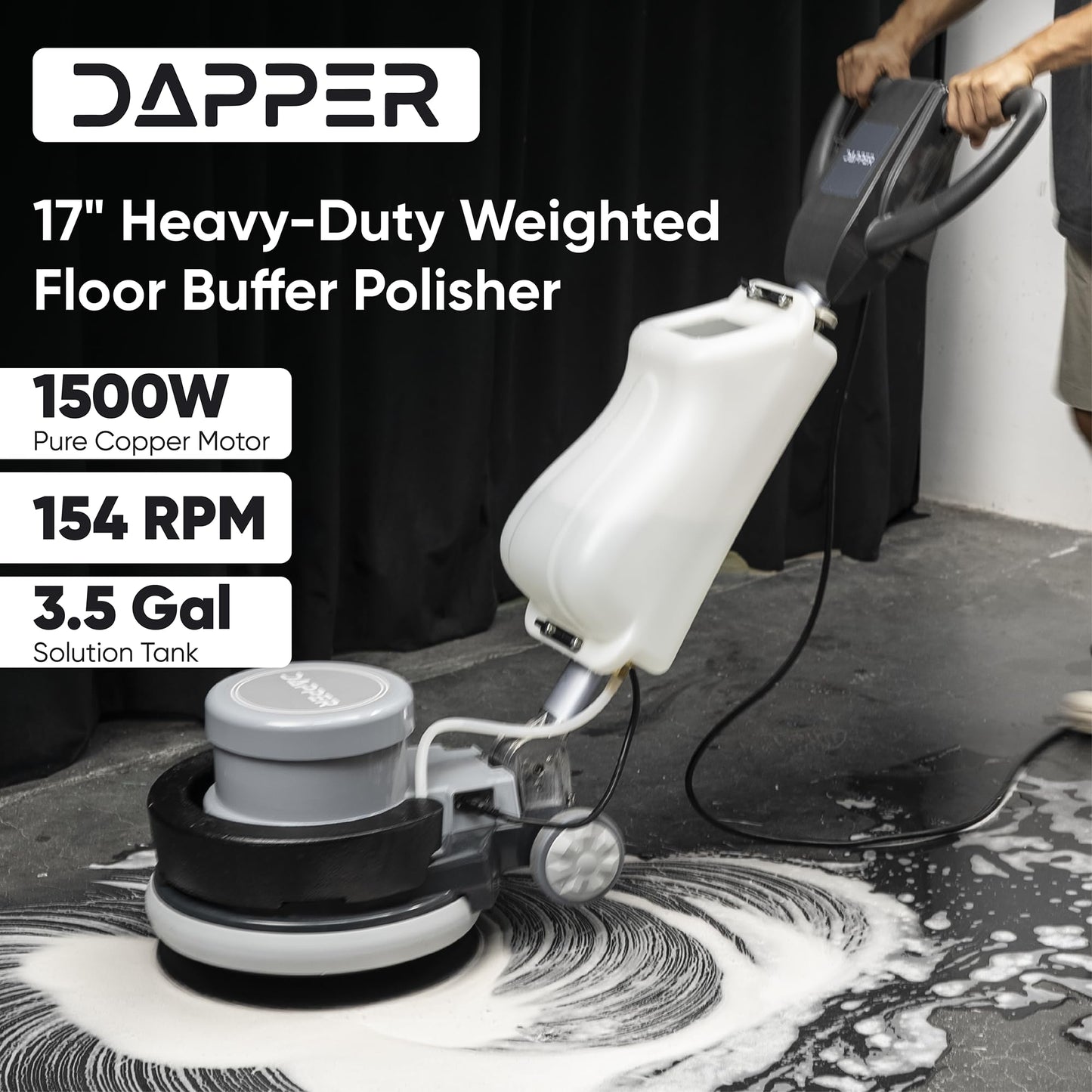 17" Heavy-Duty Weighted Floor Buffer Polisher Machine – 1500W, 154 RPM Commercial Scrubber with Removable Weights – Includes 3.5 Gal Tank, 2 Brushes & 3 Pads – Strip, Buff, Scrub & Polish Floors